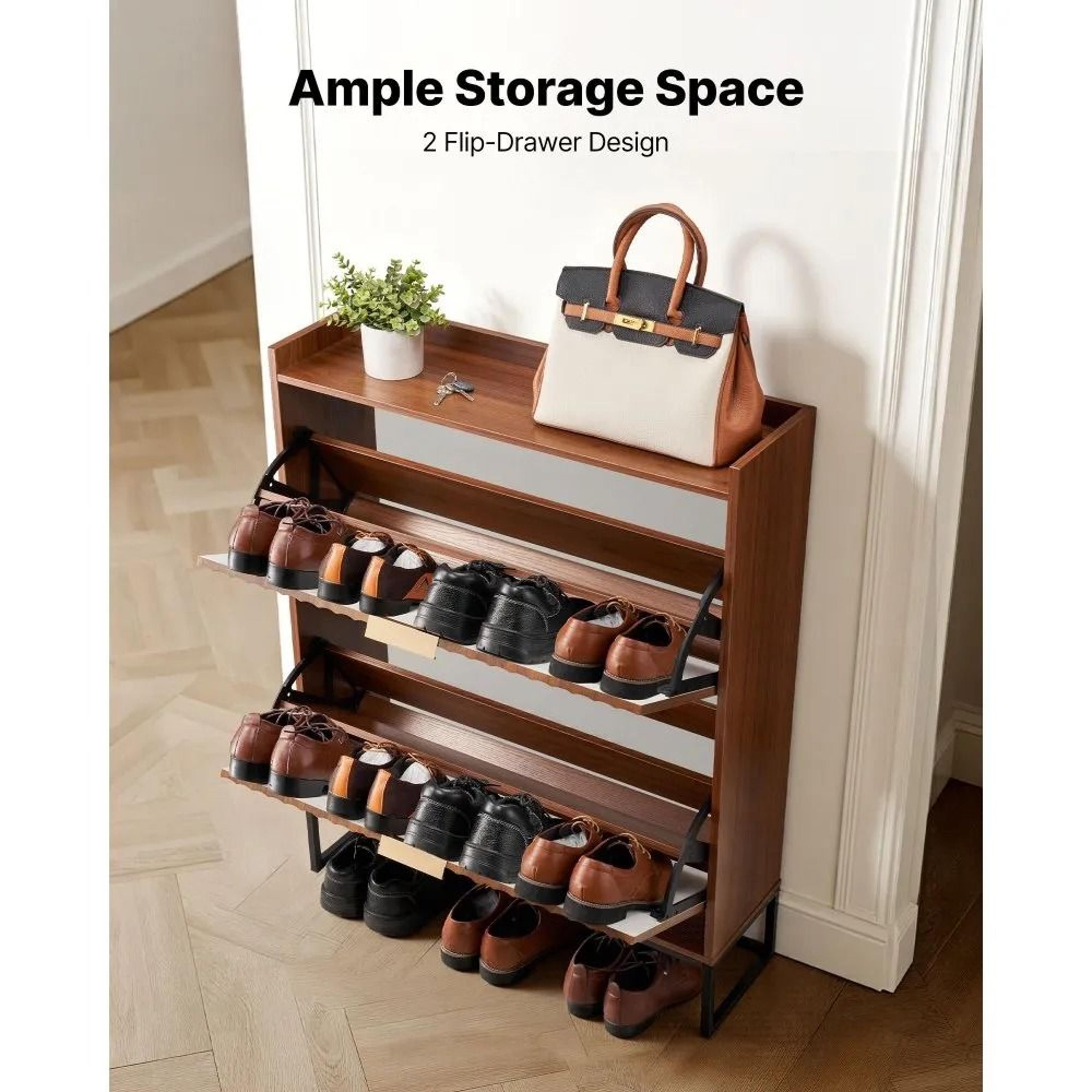 Mid Century Shoe Cabinet With 2 Flip Drawers Narrow Shoe Storage Organizer 5