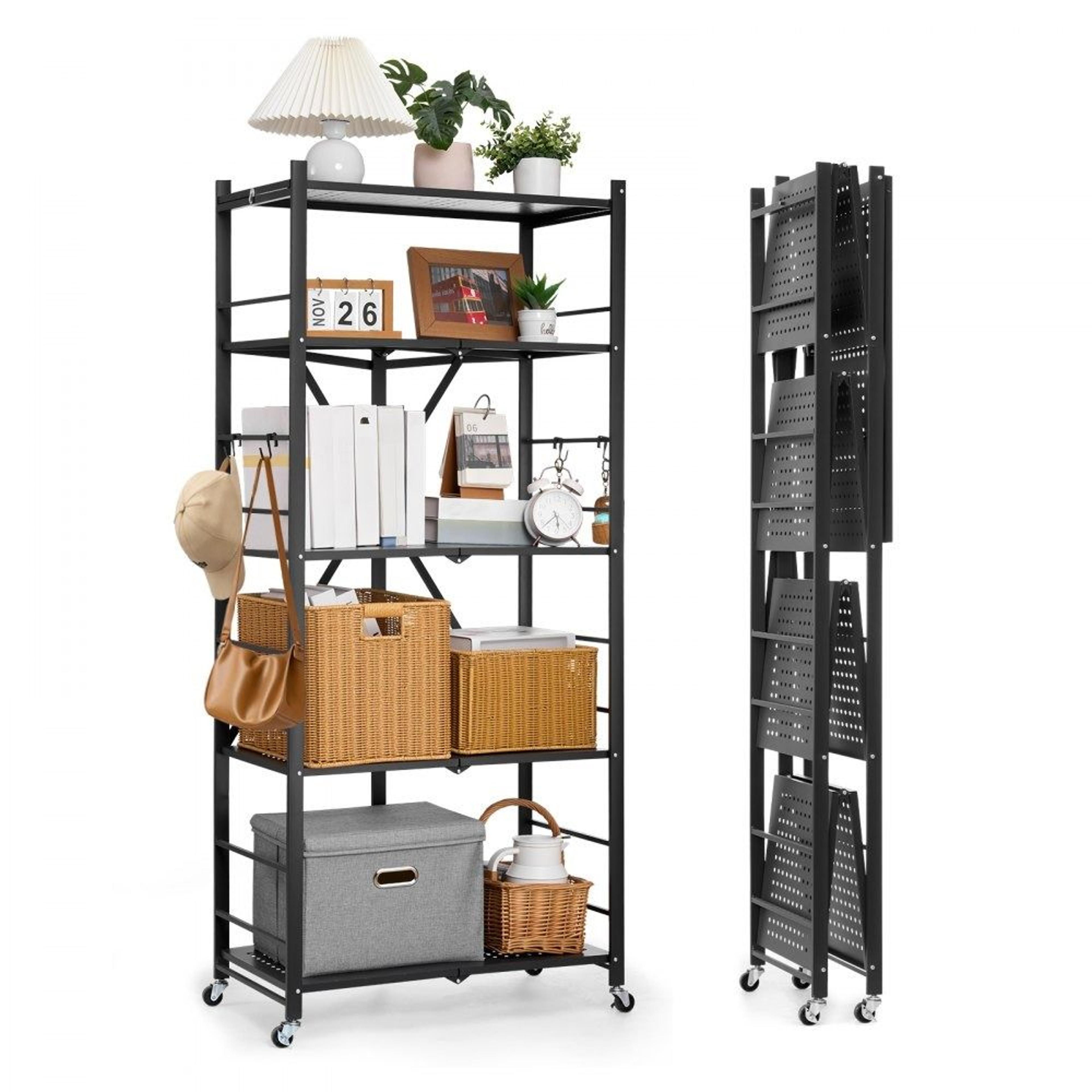 folding storage shelf 5 tier metal shelving unit with wheels