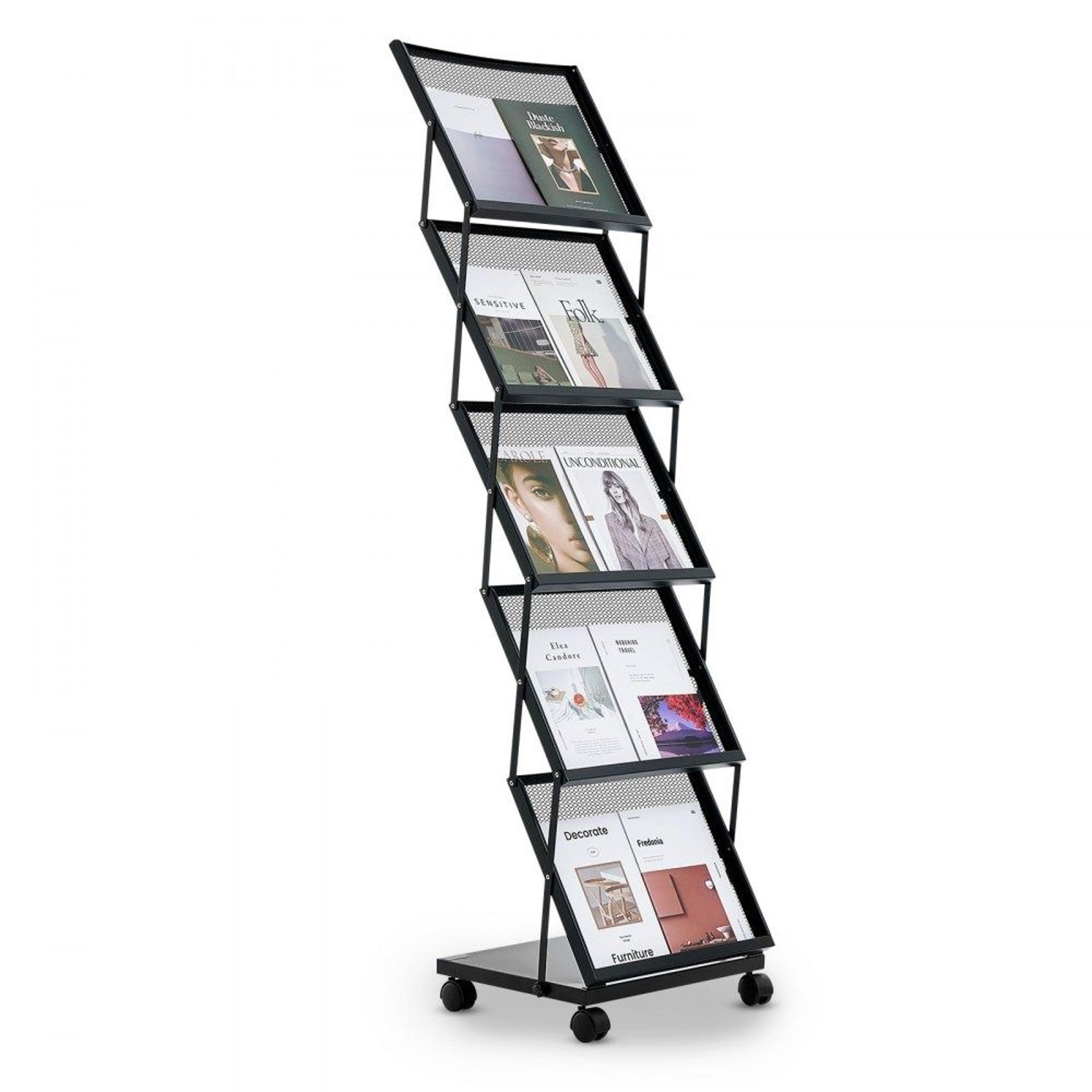 brochure display rack foldable 5 pocket magazine display stand with wheels
