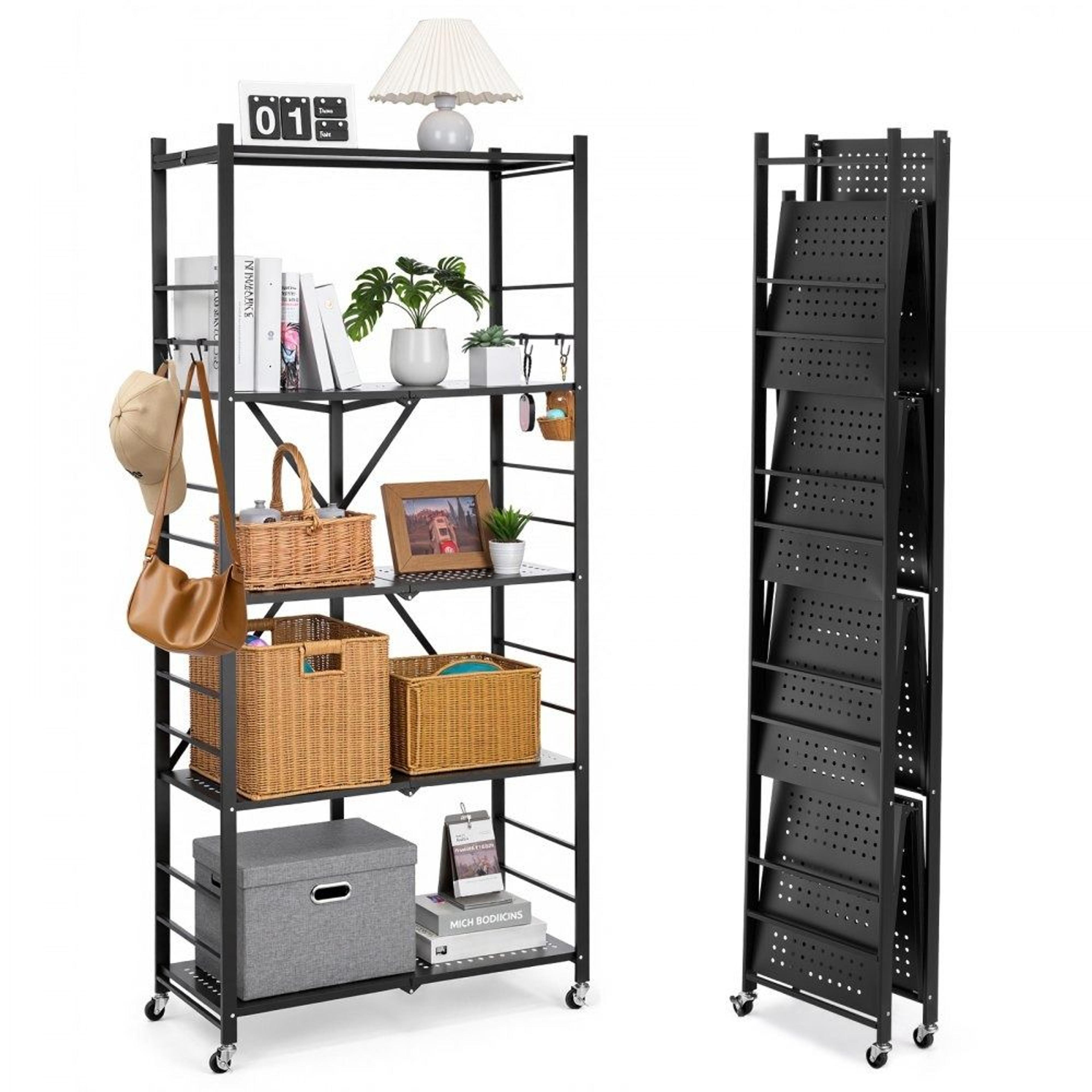 5 tier foldable storage shelf with wheels heavy duty metal rack organizer