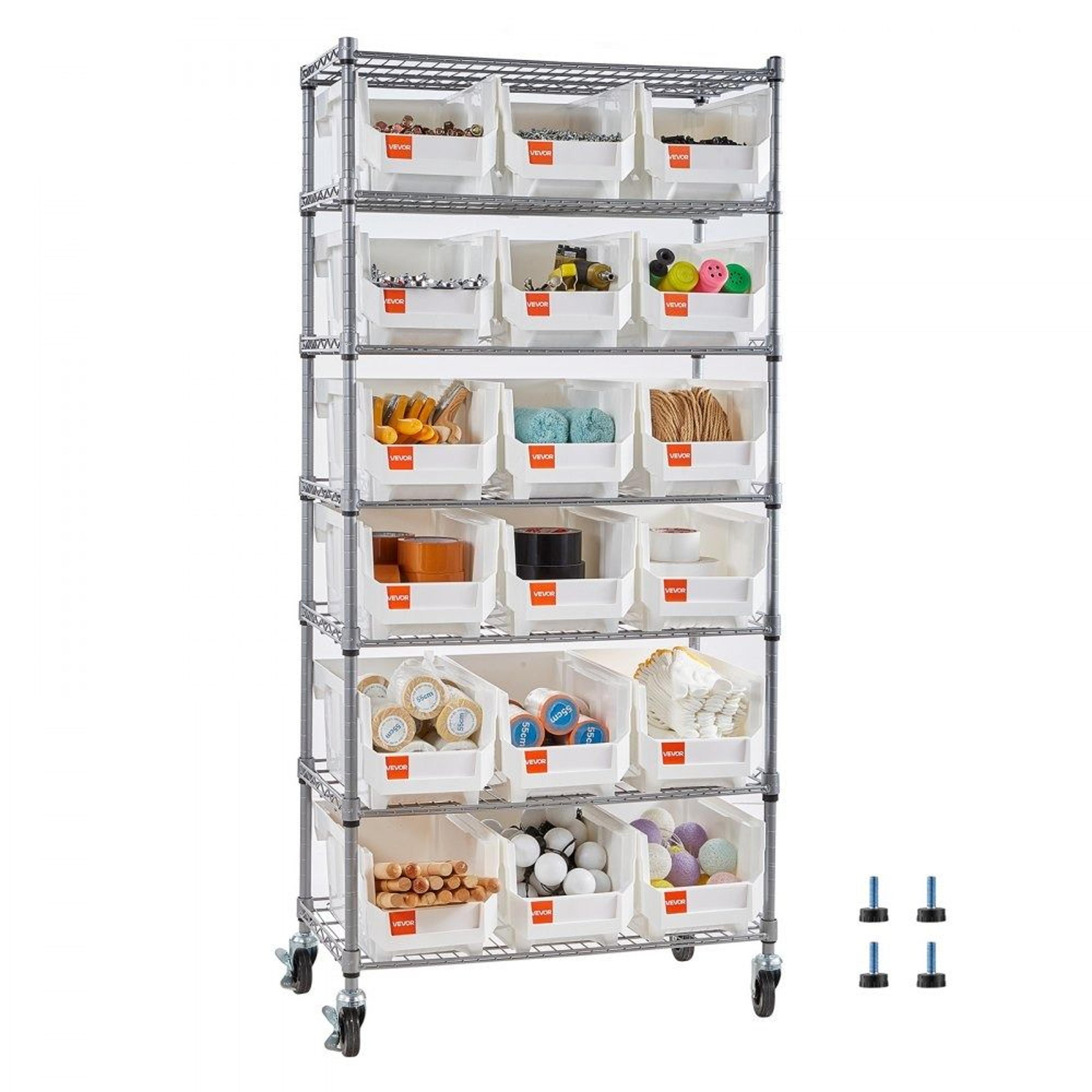 7 tier rolling bin storage rack with 18 organizer bins