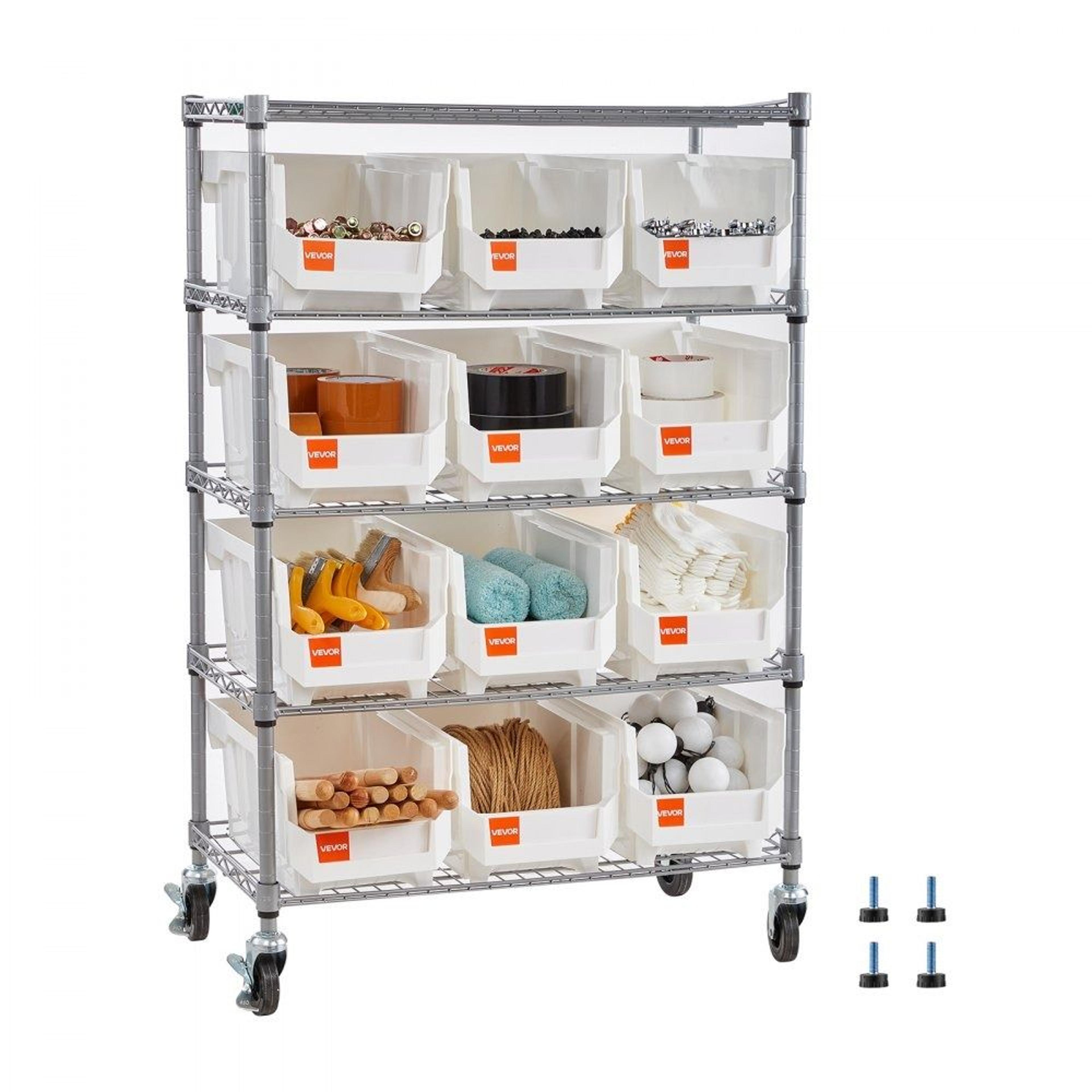 5 tier rolling bin storage rack with 12 bins mobile tool organizer