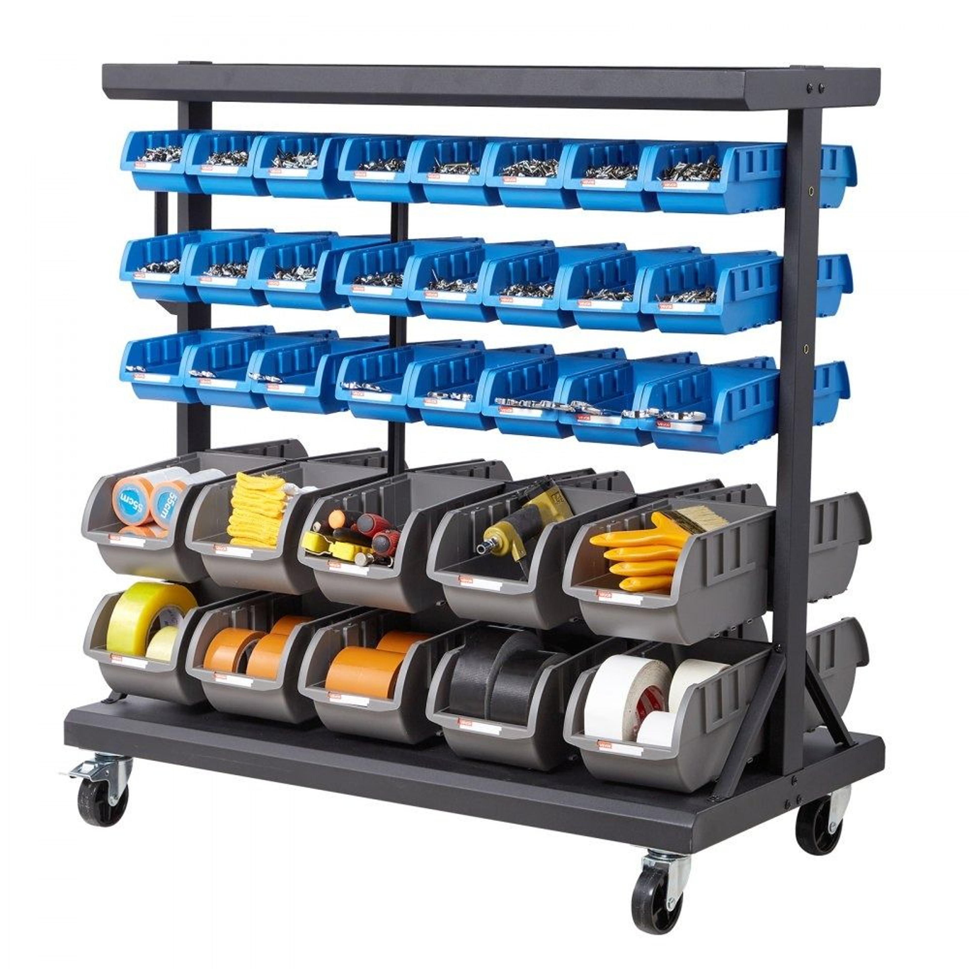 5 tier double sided rolling bin rack with 68 bins mobile tool organizer