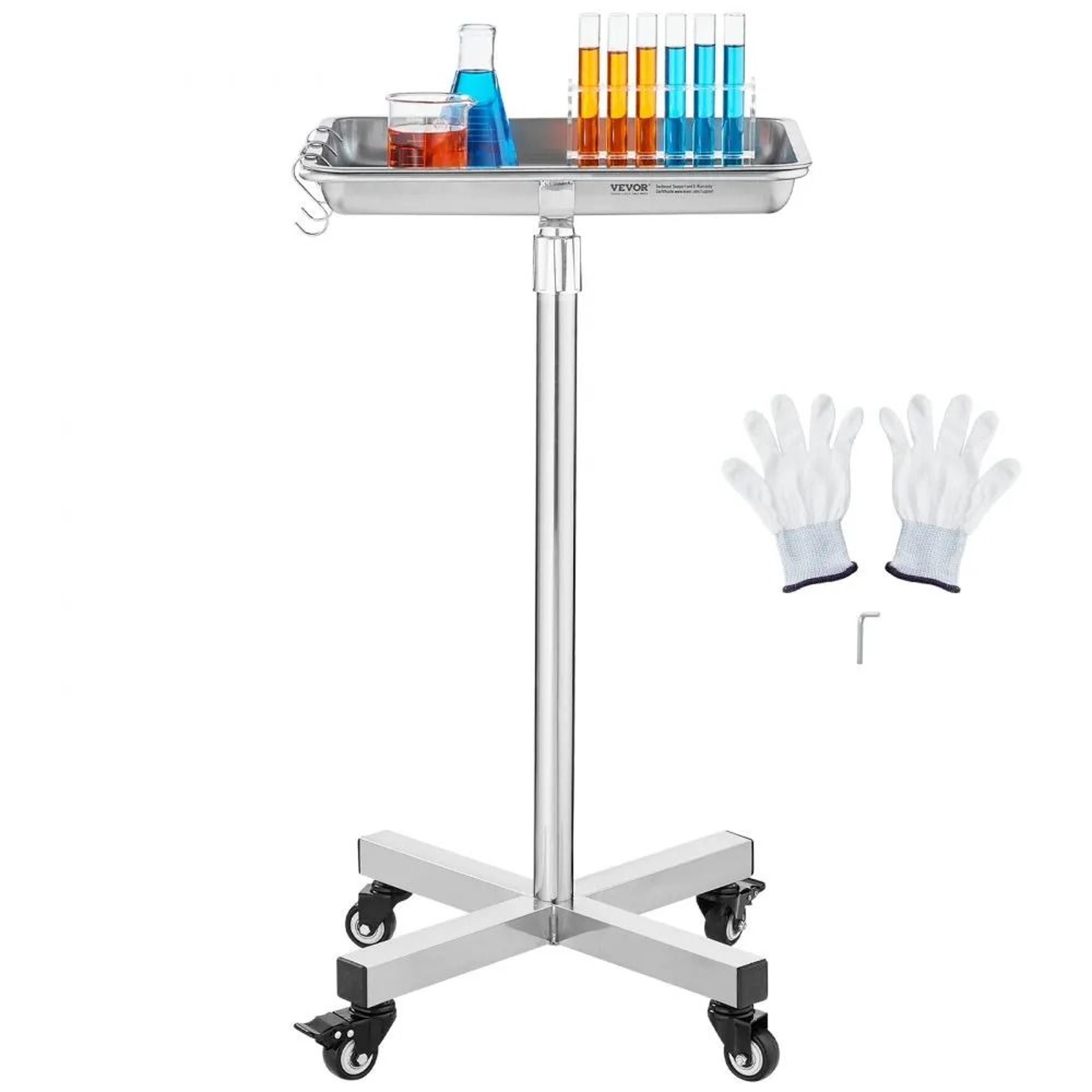 adjustable stainless steel mayo stand with removable medical tray and wheels