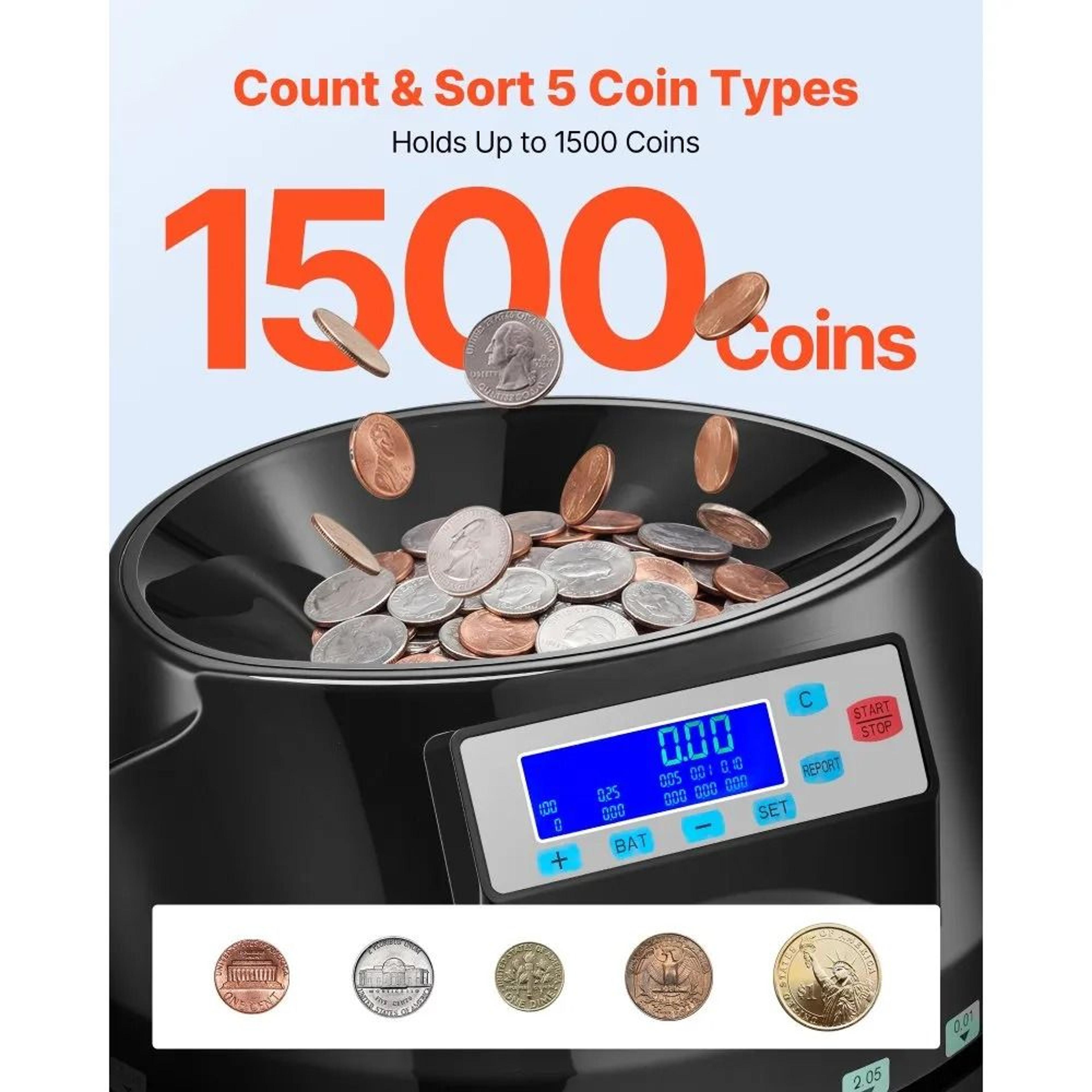 5 Denominations Coin Counter Machine With LCD Display And 1500 Coin Hopper 1