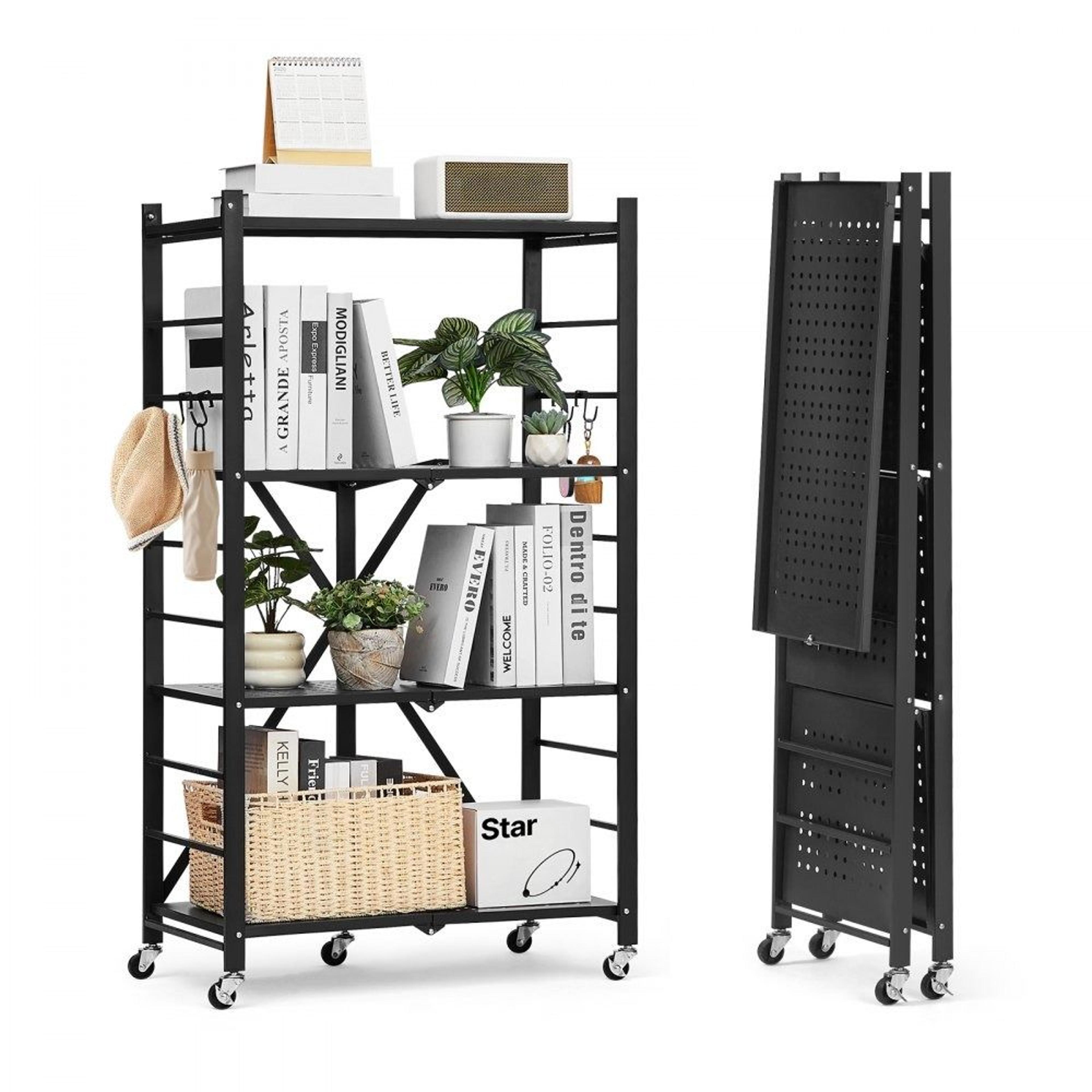 4 tier foldable storage shelf with wheels metal shelving unit