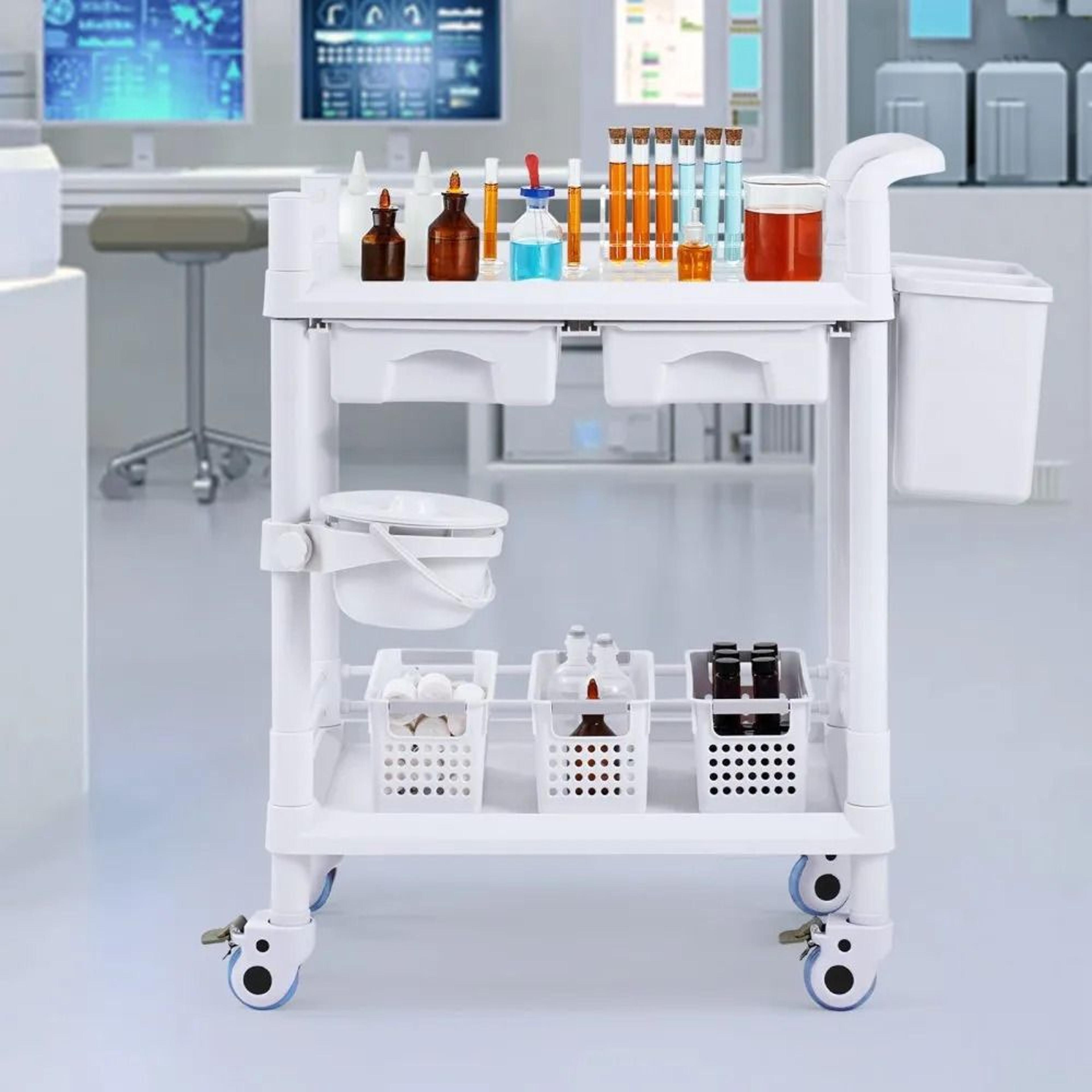 Lab Cart With 2 Trays And Drawers Medical Utility Cart With Silent Wheels White 5