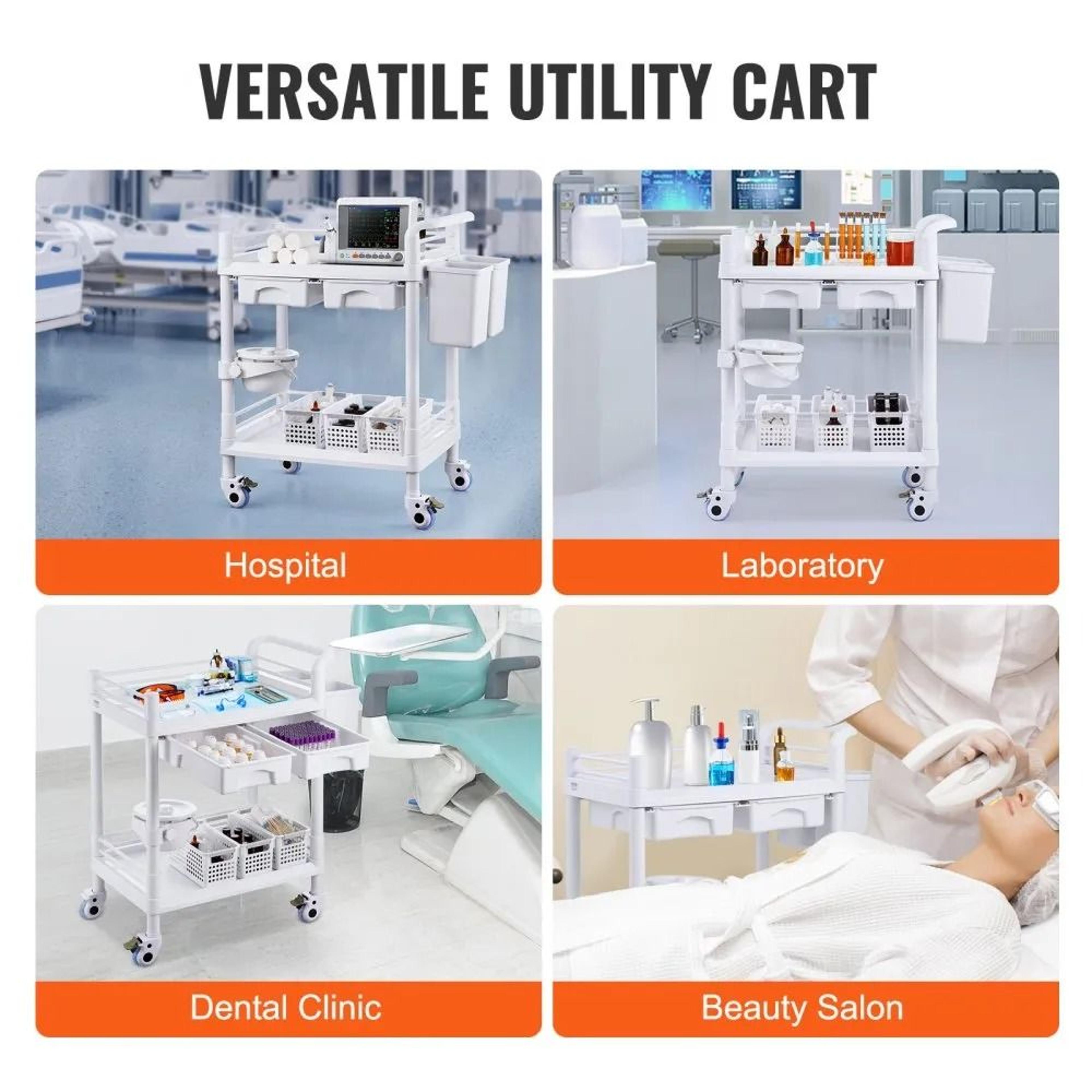 Lab Cart With 2 Trays And Drawers Medical Utility Cart With Silent Wheels White 2