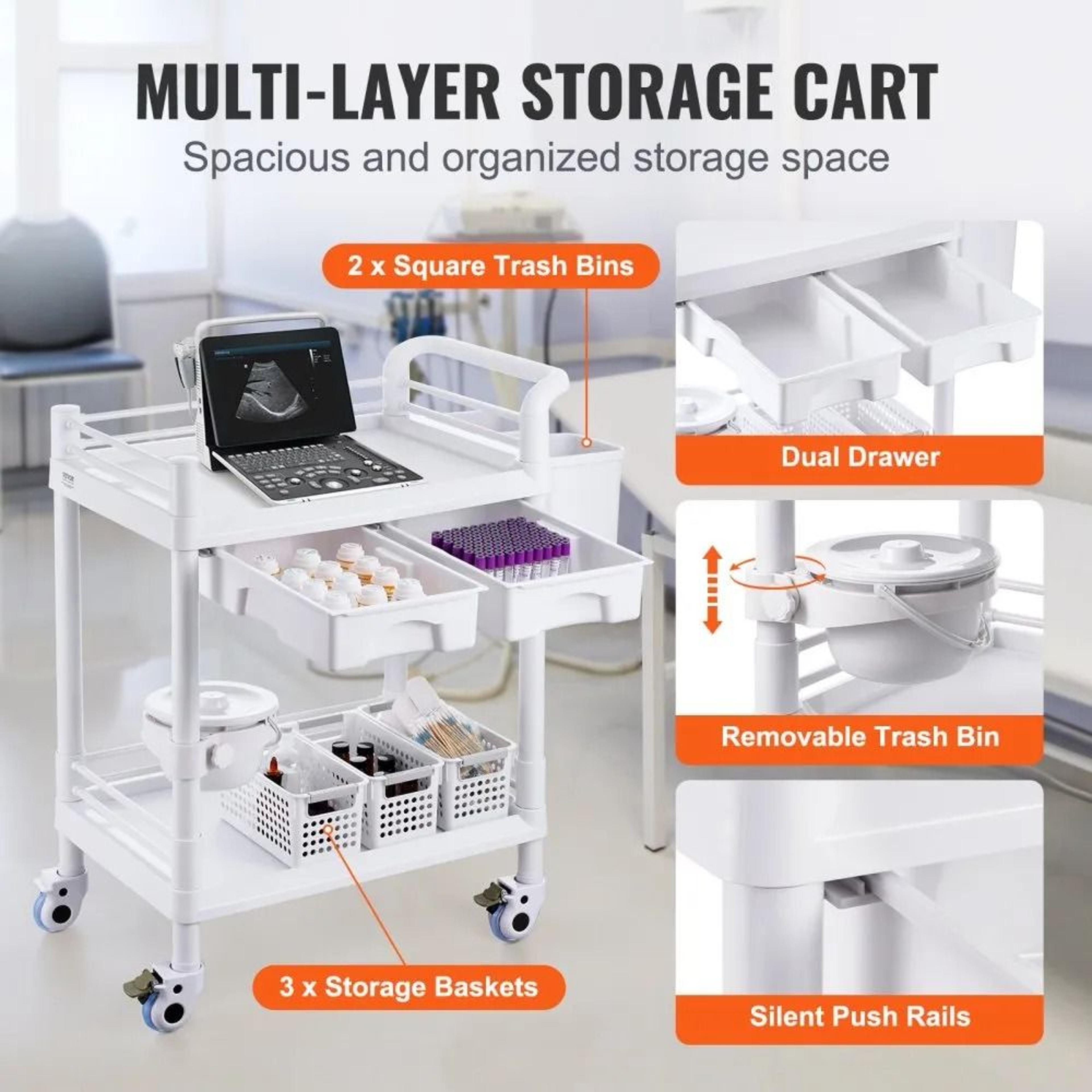 Lab Cart With 2 Trays And Drawers Medical Utility Cart With Silent Wheels White 3