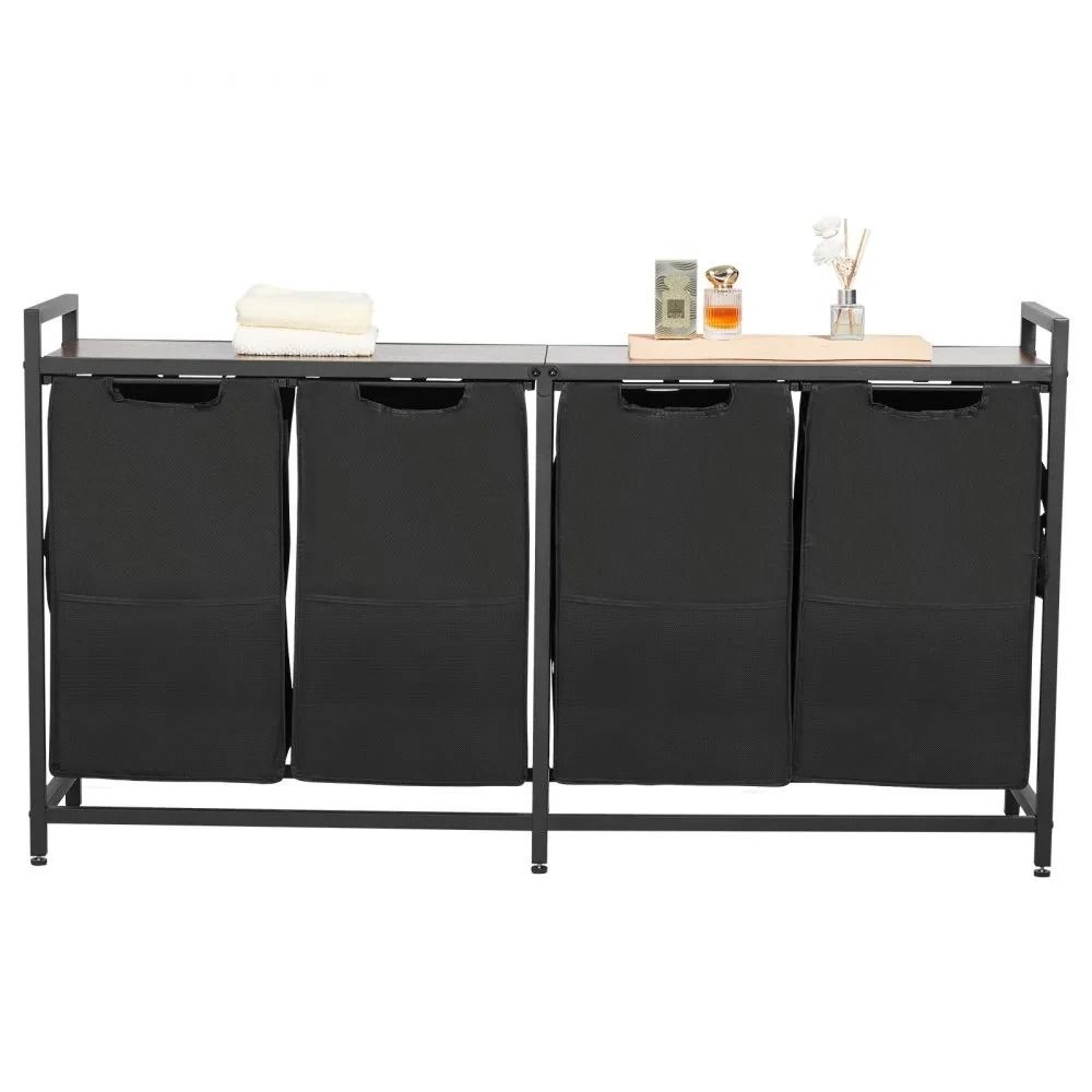 4 section laundry sorter with pull out bags metal frame and wooden tabletop storage hamper