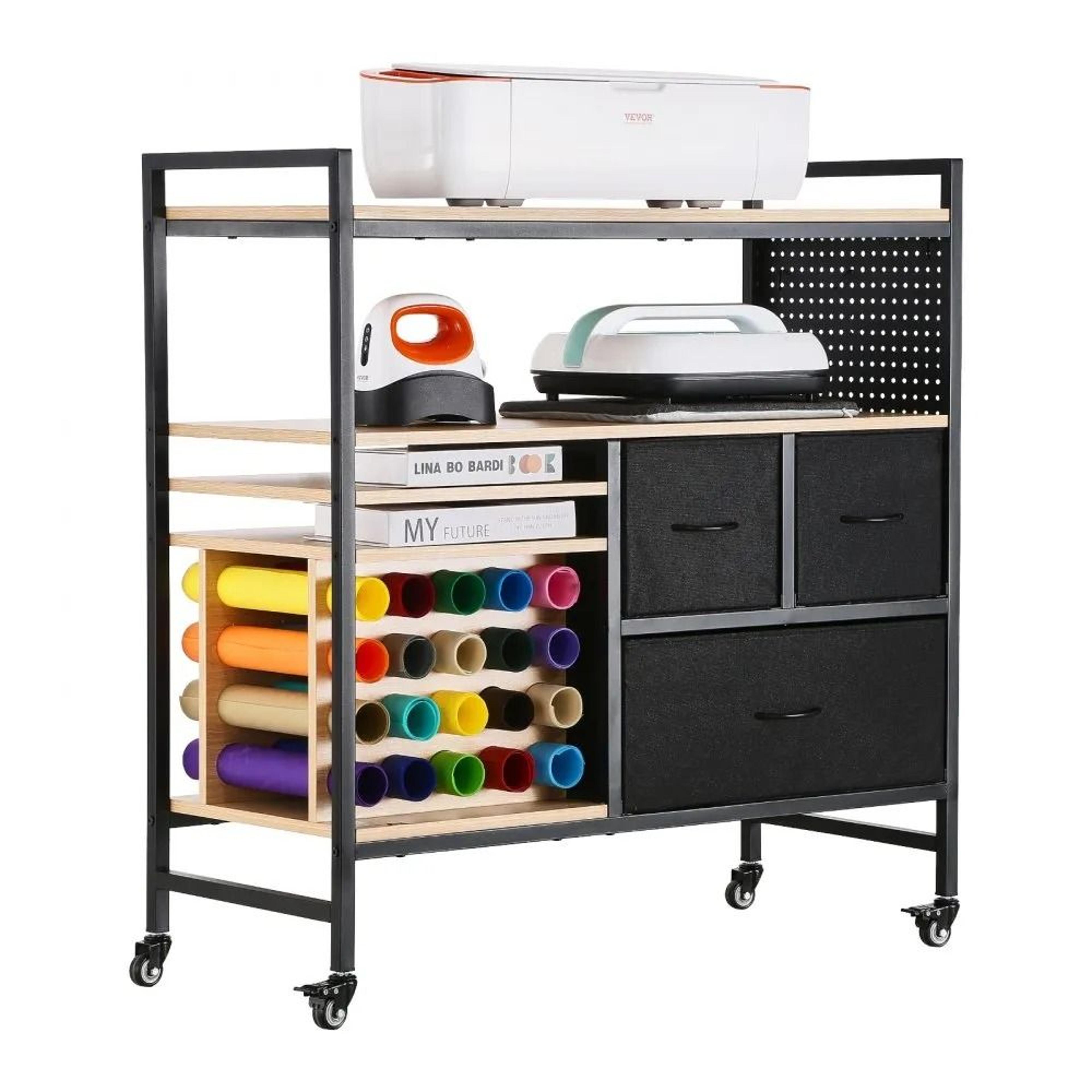 rolling craft storage cart with vinyl roll holder and cricut crafting table