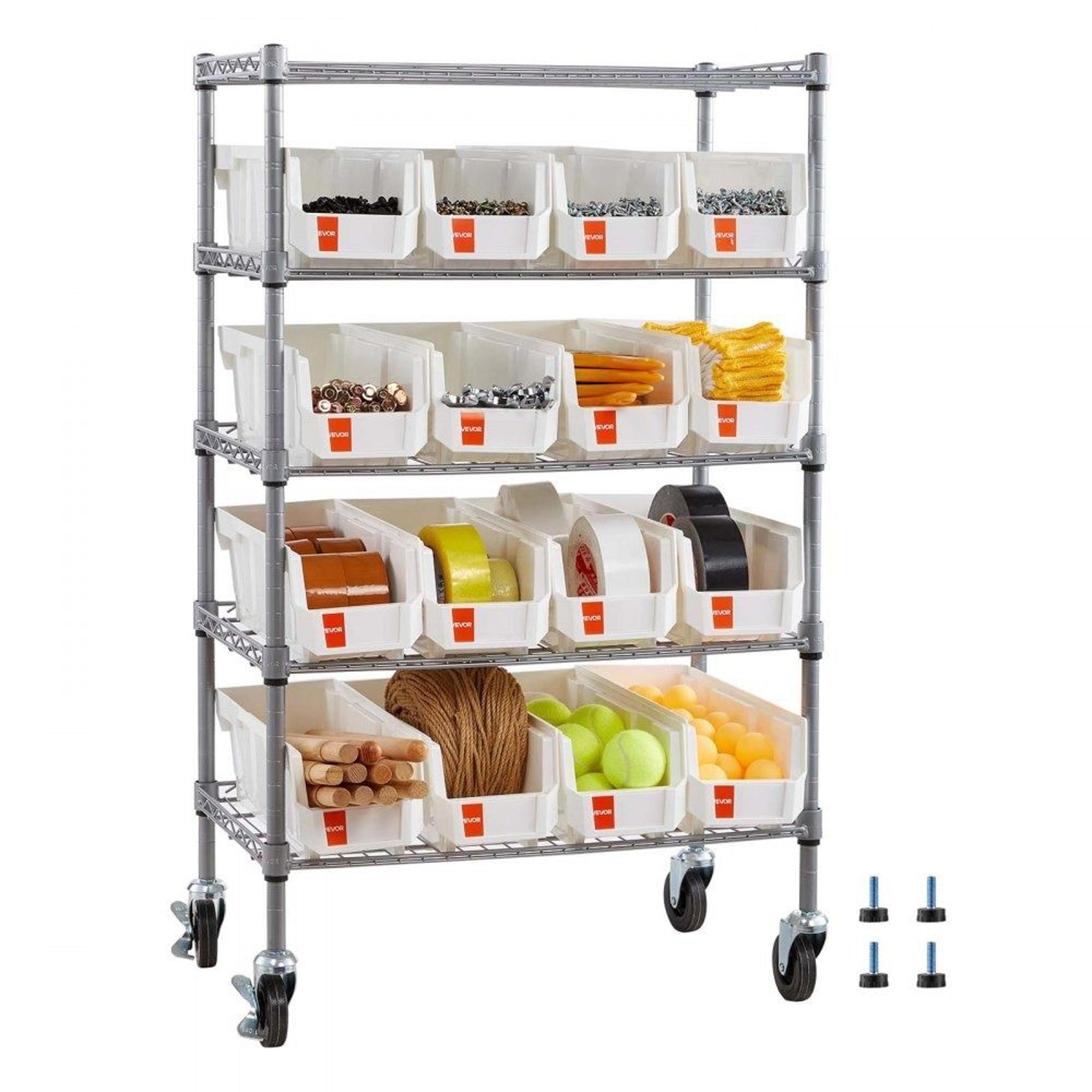 5 tier rolling storage rack with 16 bins for garage and workshop