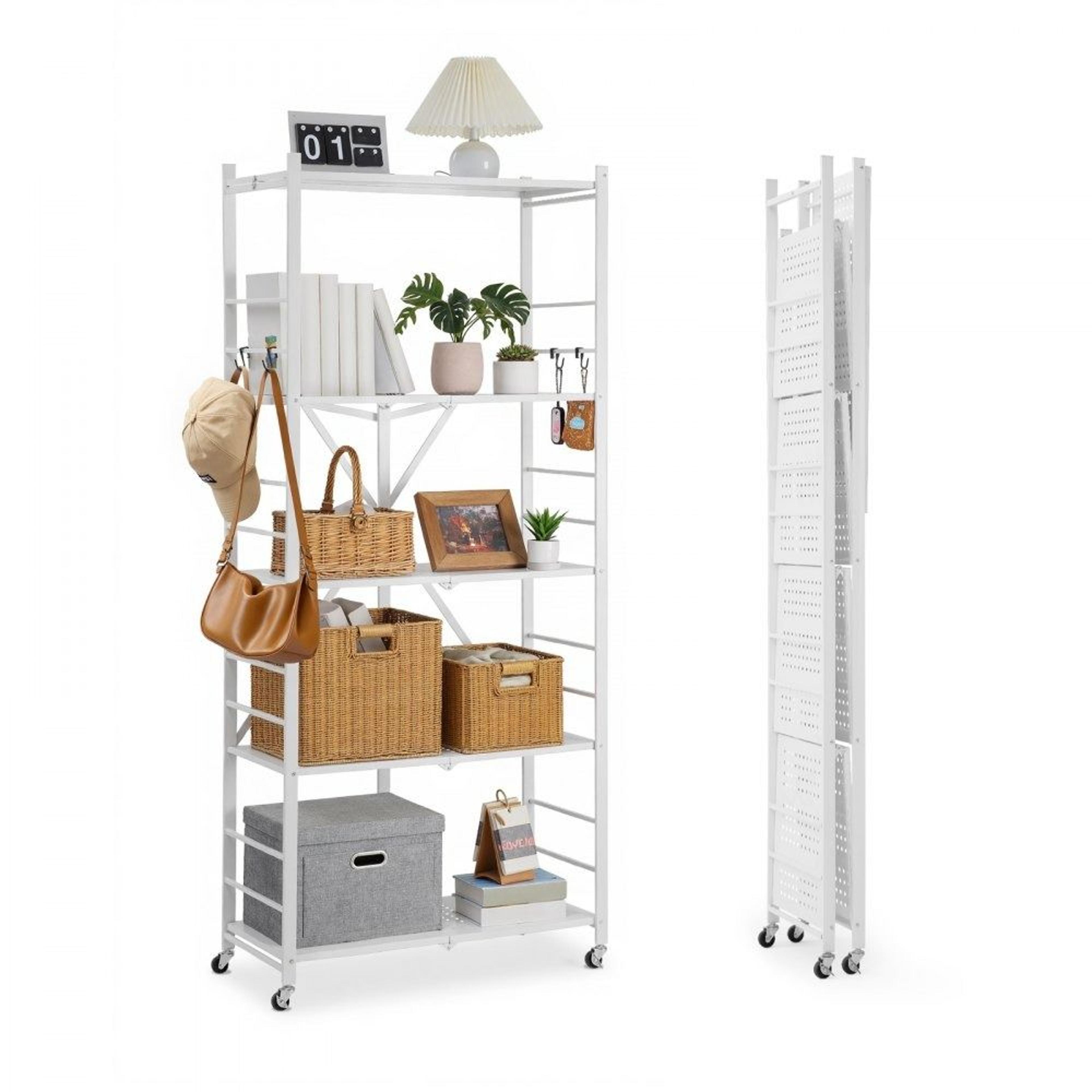 5 tier folding storage shelf with wheels heavy duty metal shelving unit white
