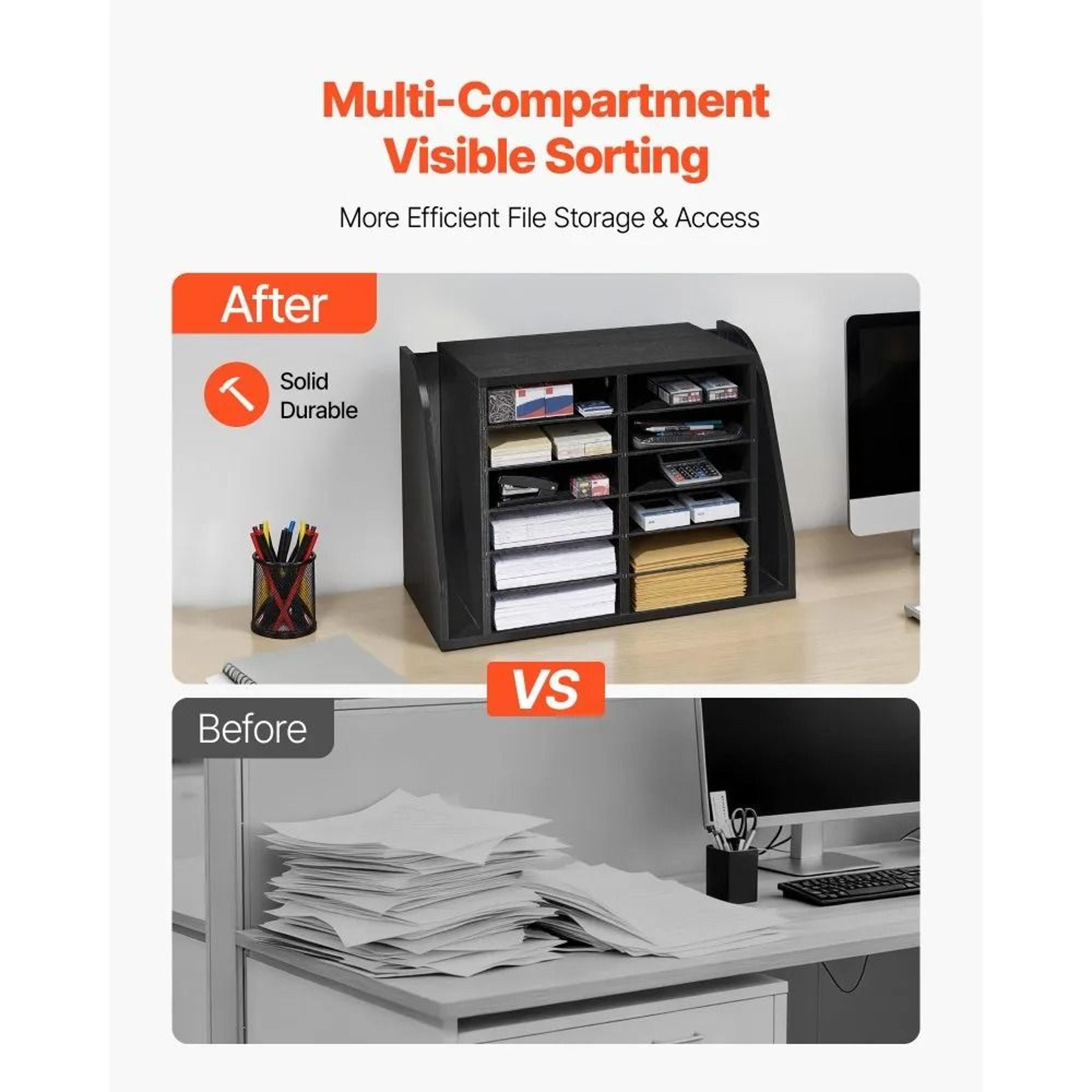 12 Compartment Literature Organizer With Side File Storage Wooden Desk Mail Sorter 1