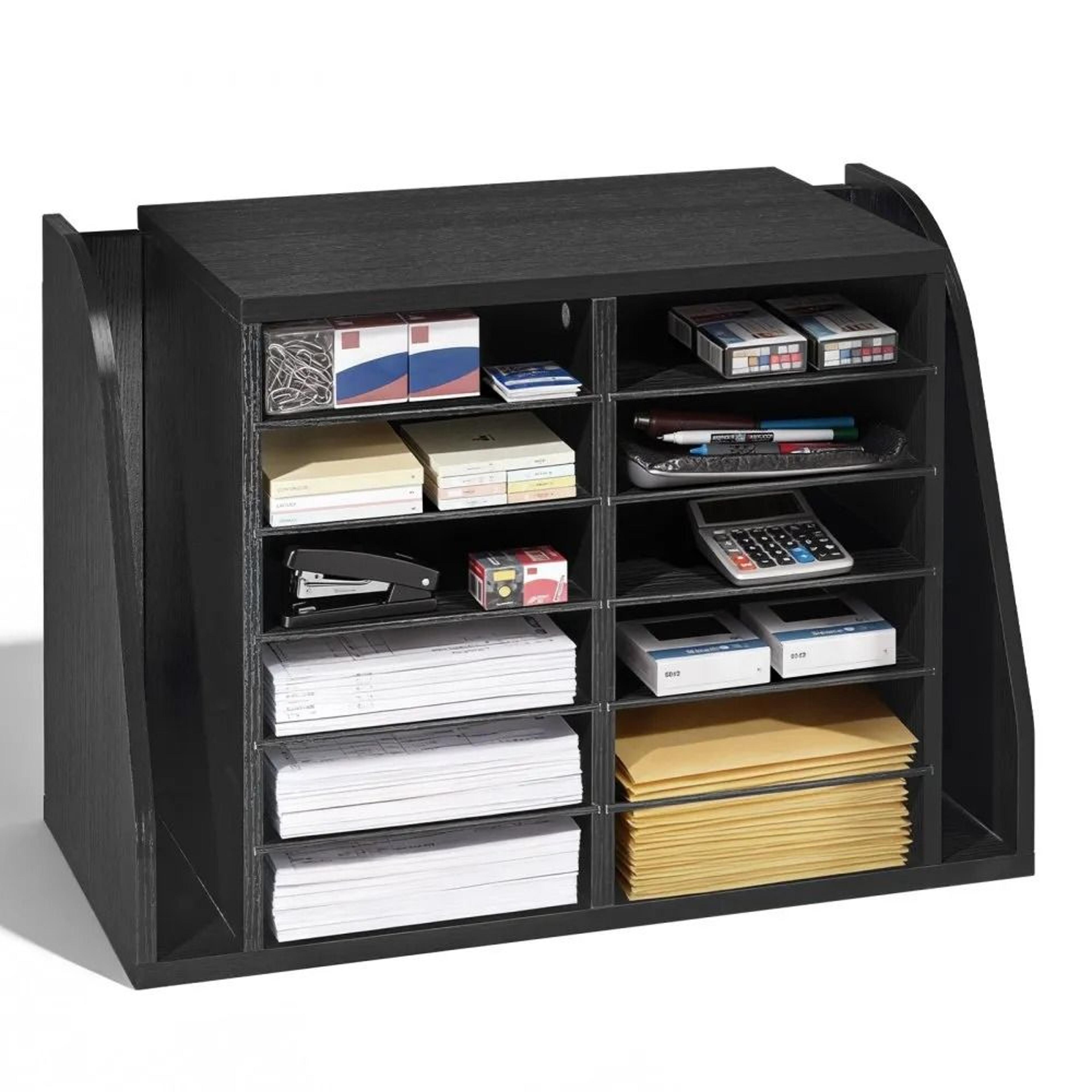 12 Compartment Literature Organizer With Side File Storage Wooden Desk Mail Sorter 6