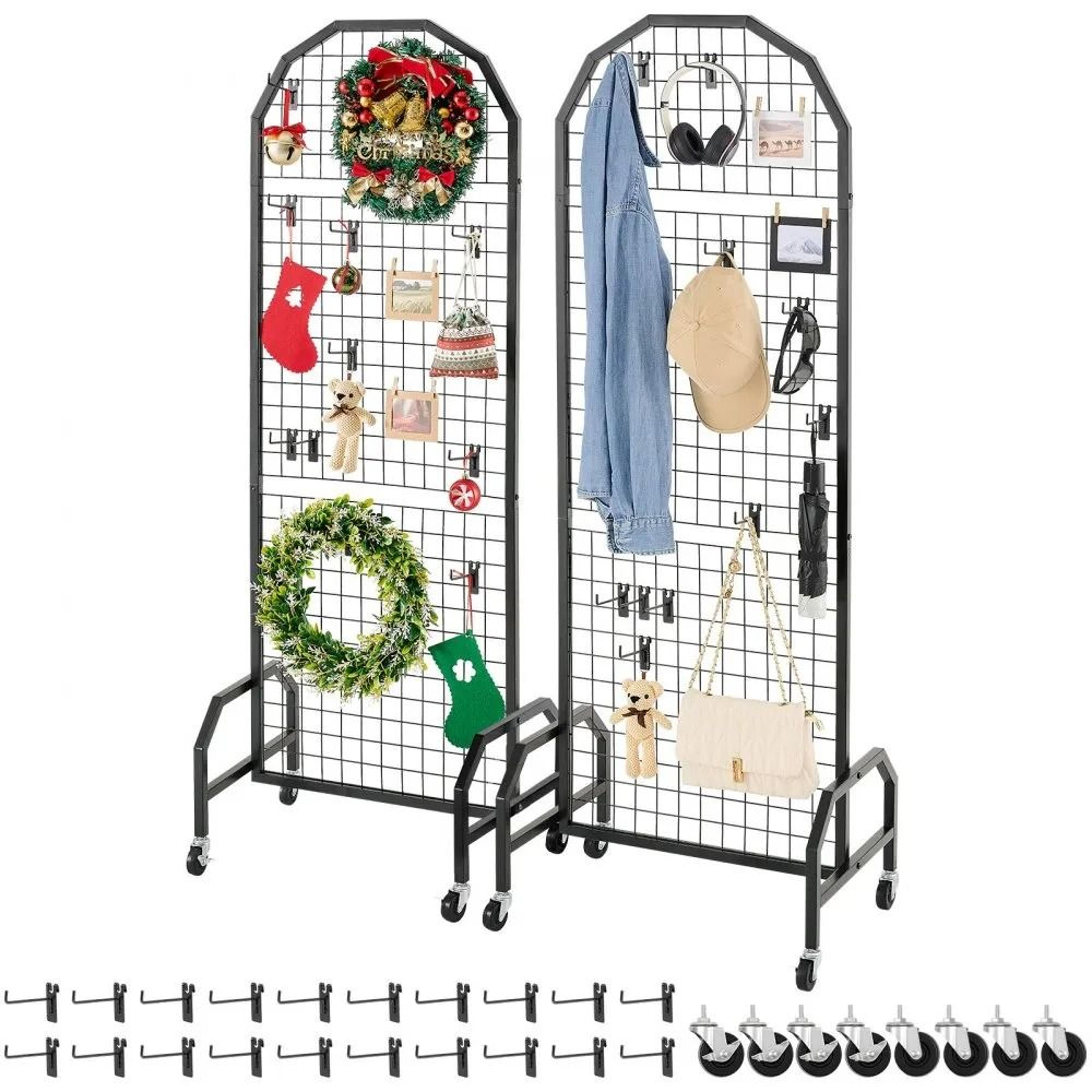 2 pack grid wall panels mobile display rack with wheels and hooks for retail craft shows storage