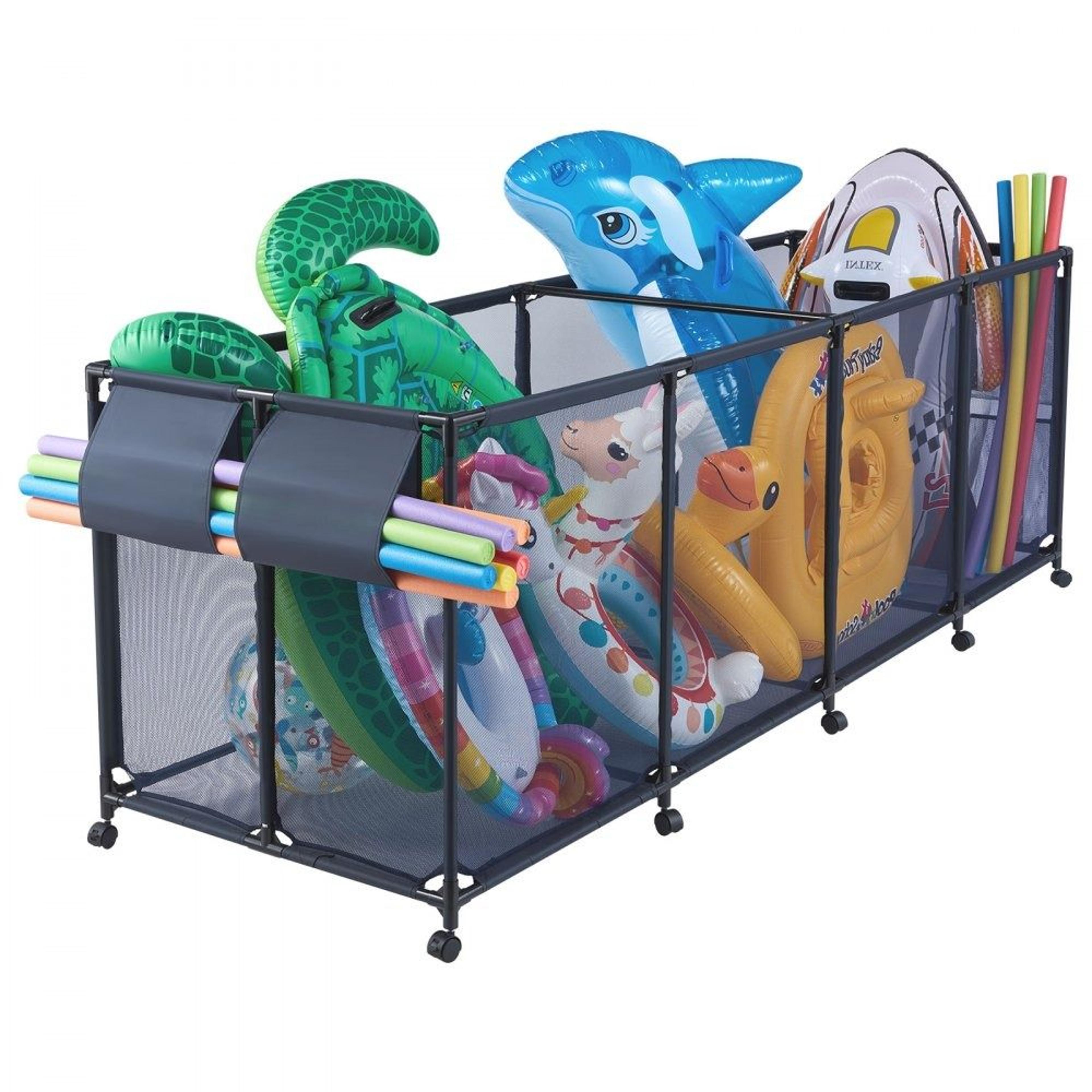 rolling pool float storage organizer with pool noodle holder