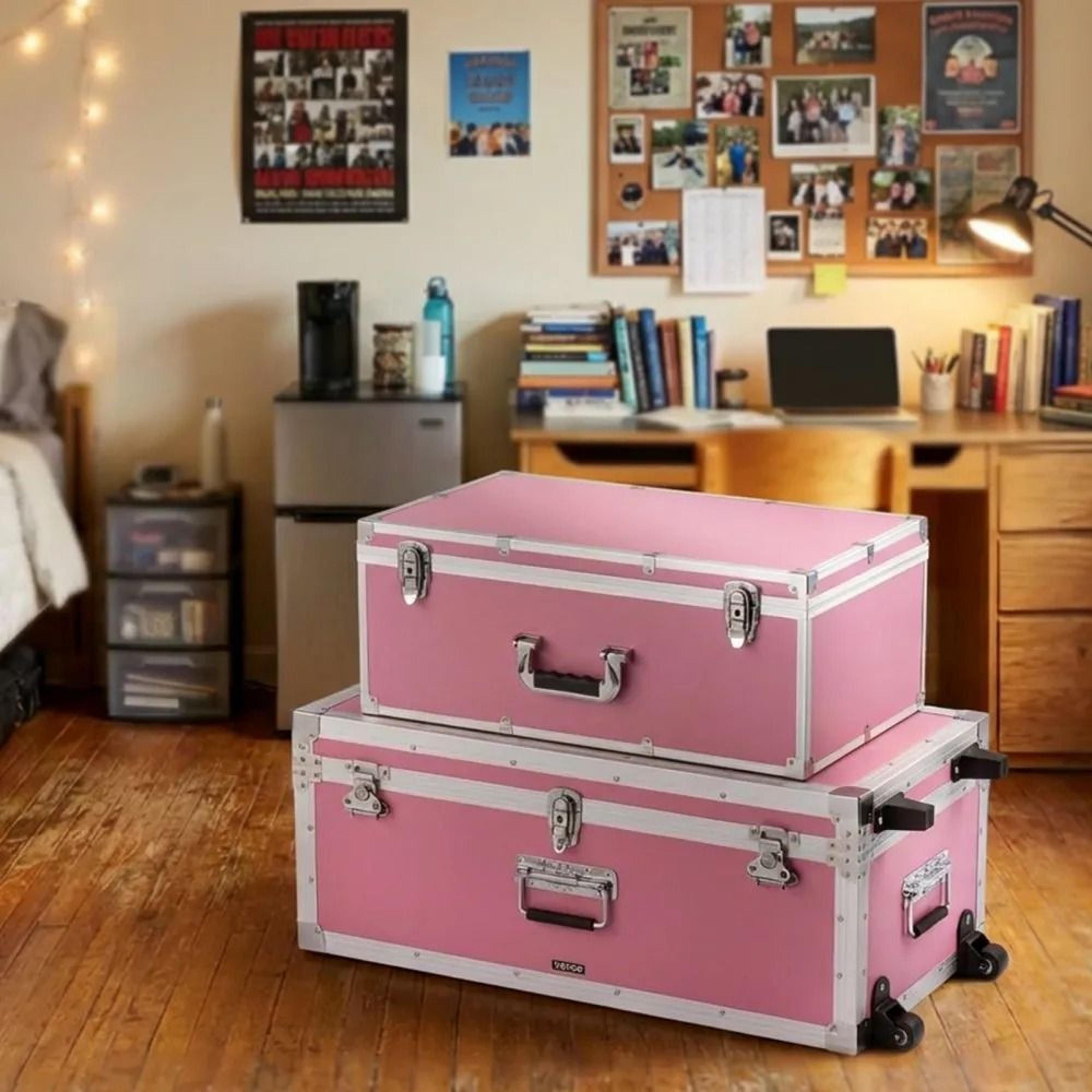 Metal Storage Trunk Set Of 2 Large Storage Chest With Locks Casters And Handles Pink 7