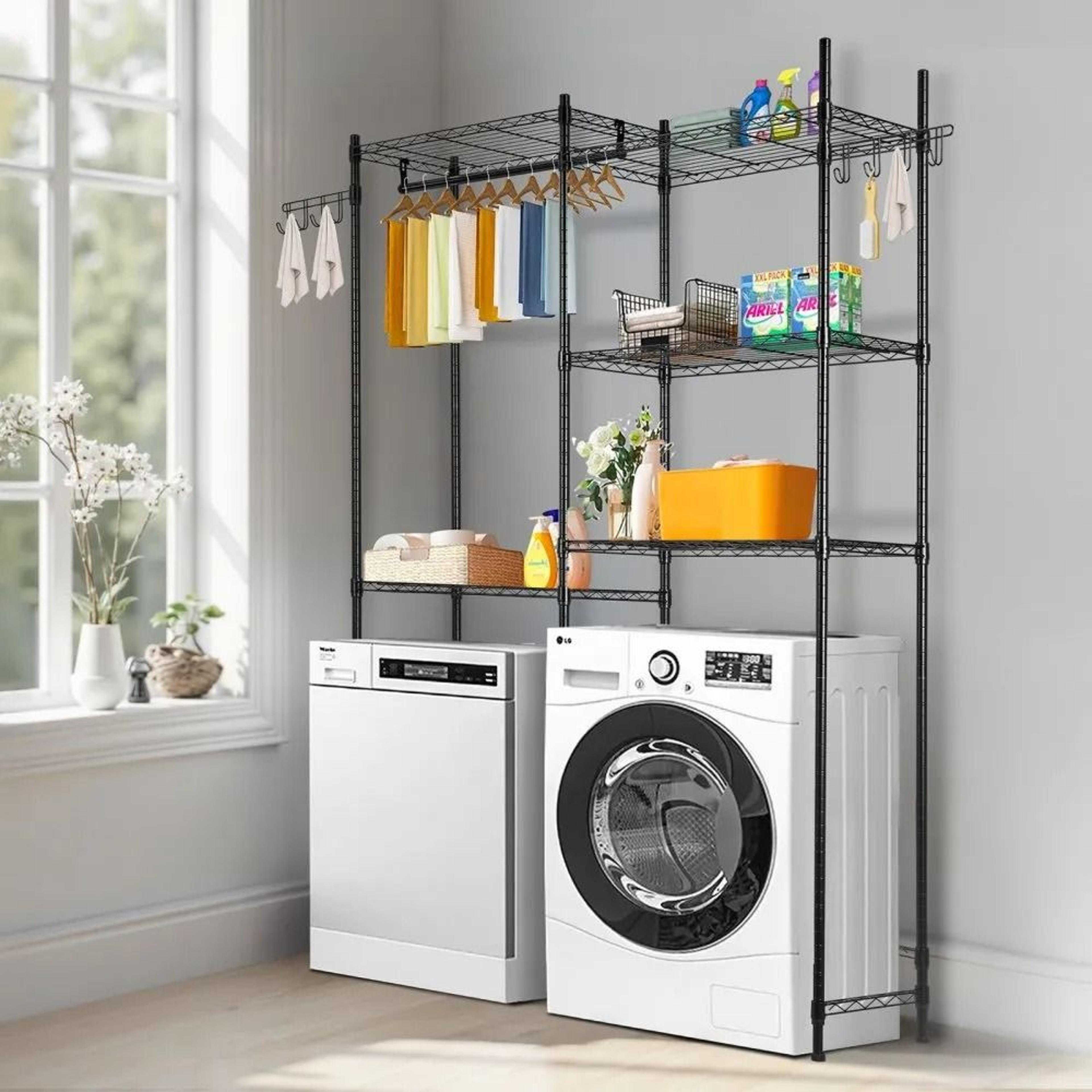 Over Washer Dryer Storage Shelf 5 Tier Laundry Room Organizer With Hanger Rod And Hooks 5