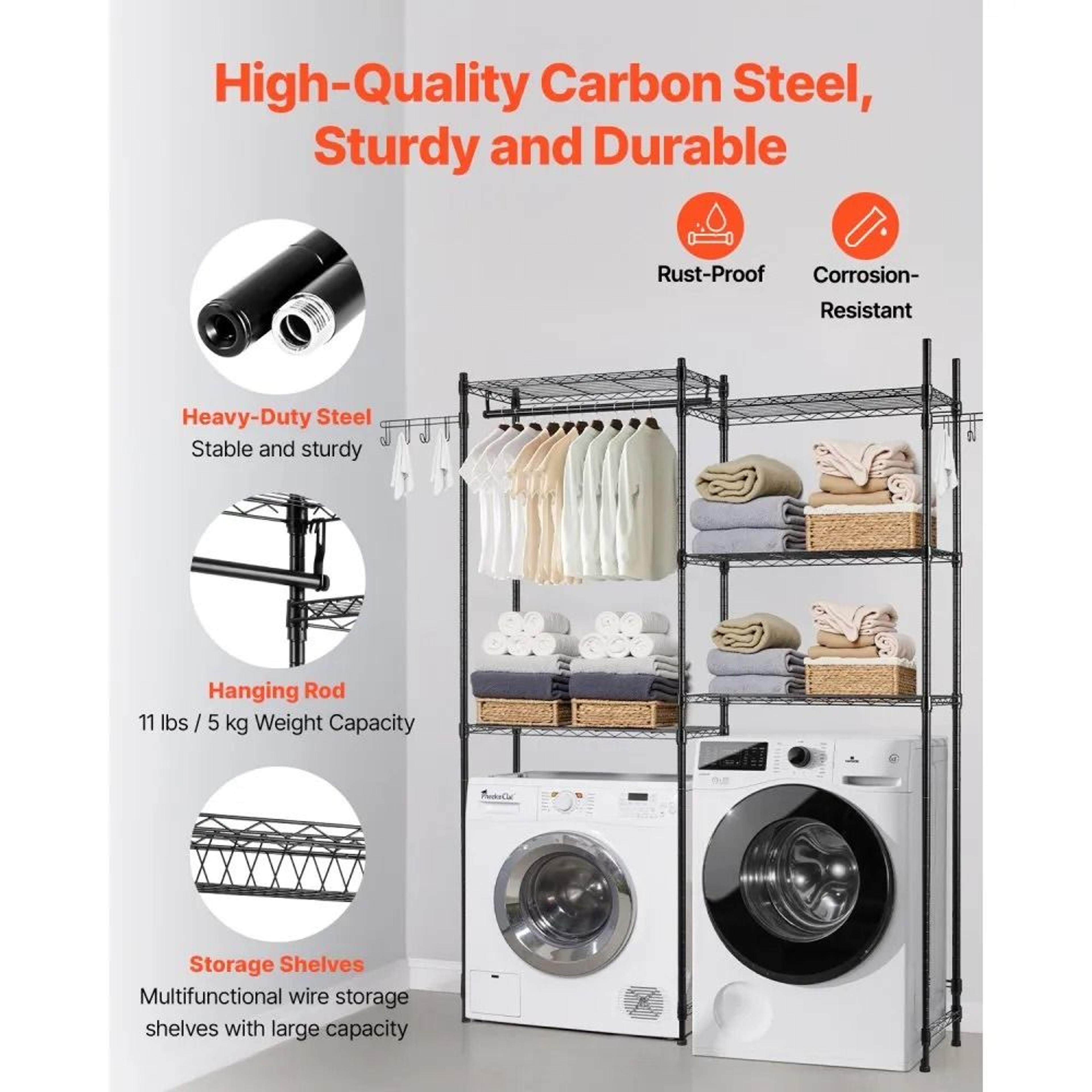 Over Washer Dryer Storage Shelf 5 Tier Laundry Room Organizer With Hanger Rod And Hooks 2
