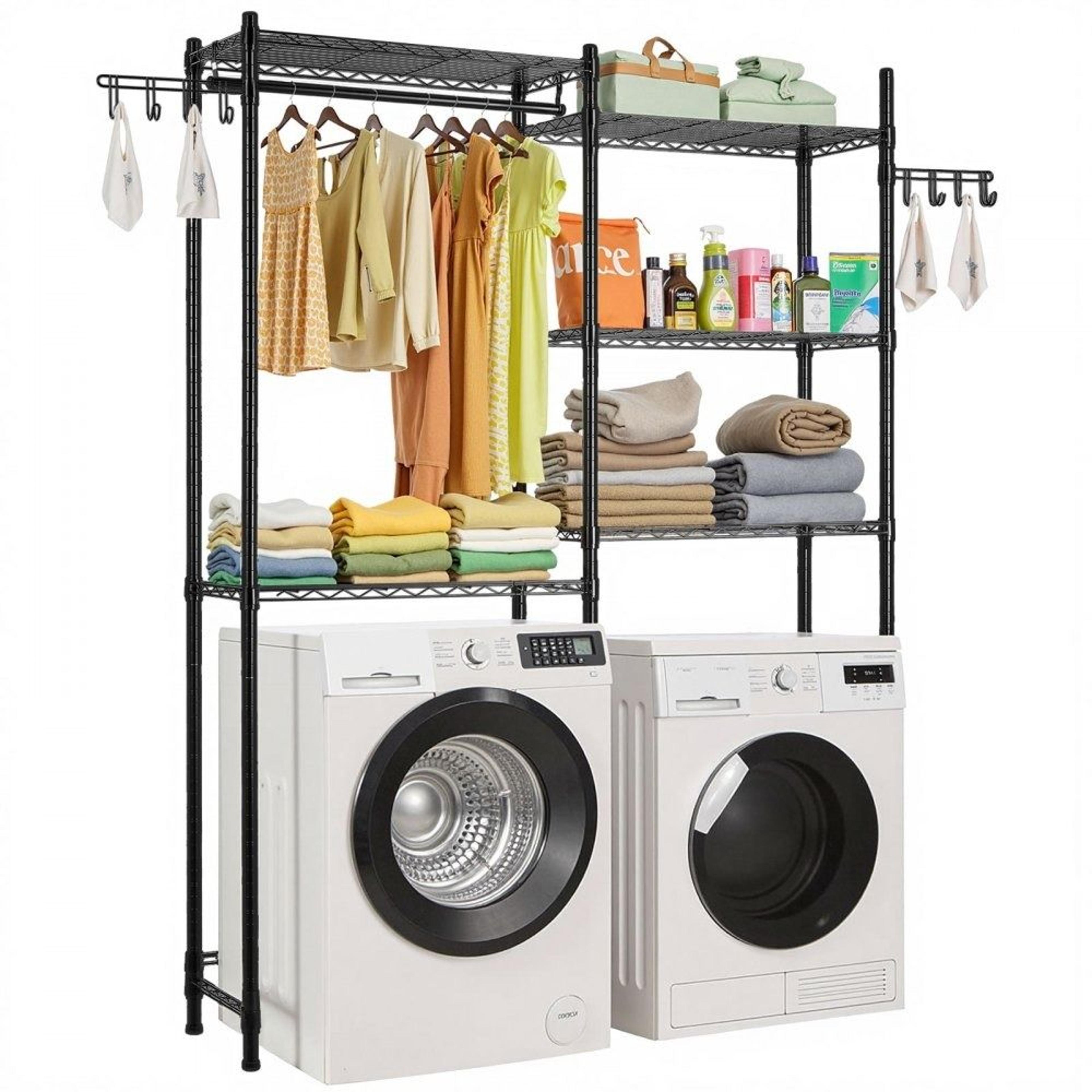 over washer dryer storage shelf 5 tier laundry room organizer with hanger rod and hooks