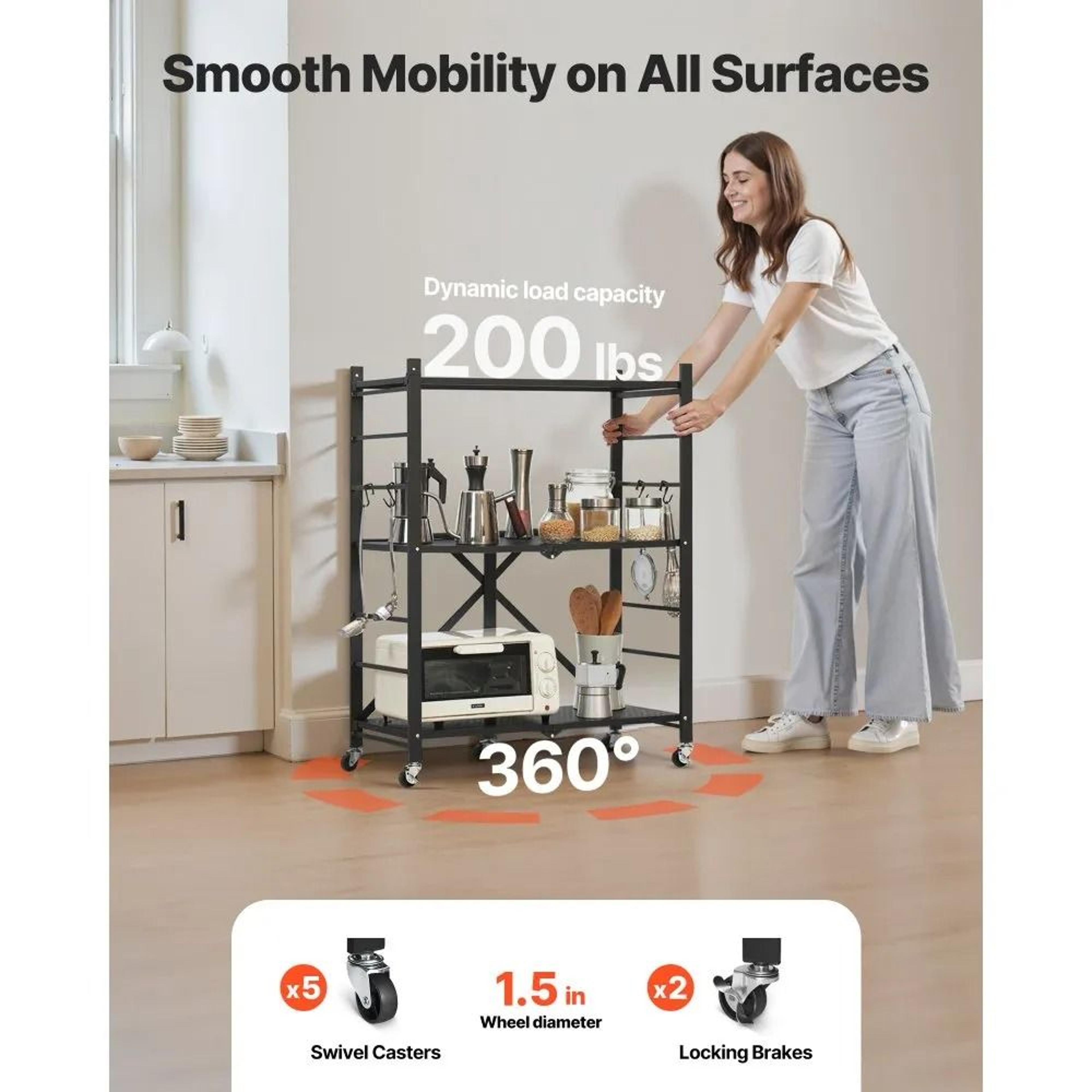 3 Tier Foldable Storage Shelf With Wheels Portable Metal Rack 1