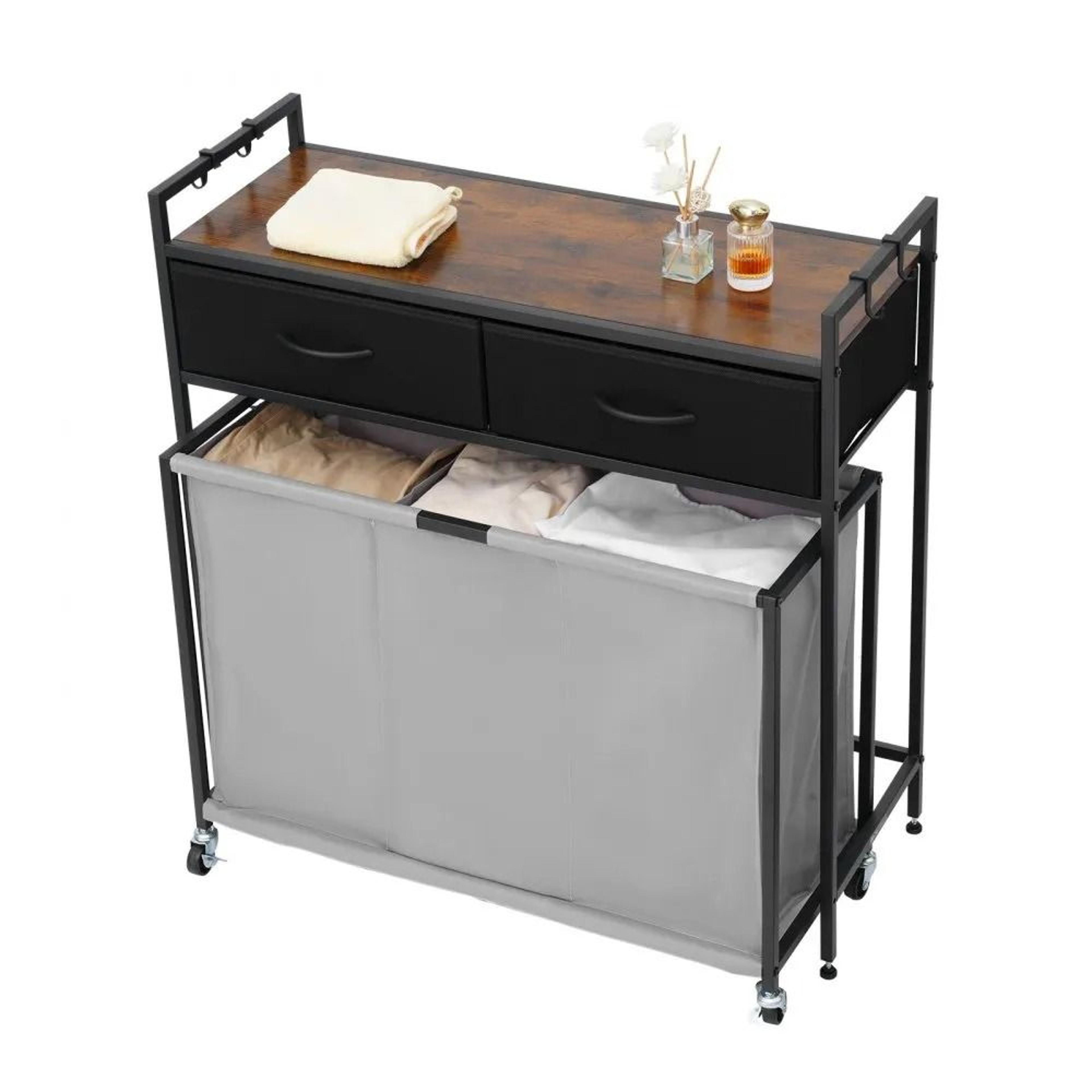 3 Section Laundry Sorter Rolling Laundry Hamper With Drawers And Storage Shelf 7