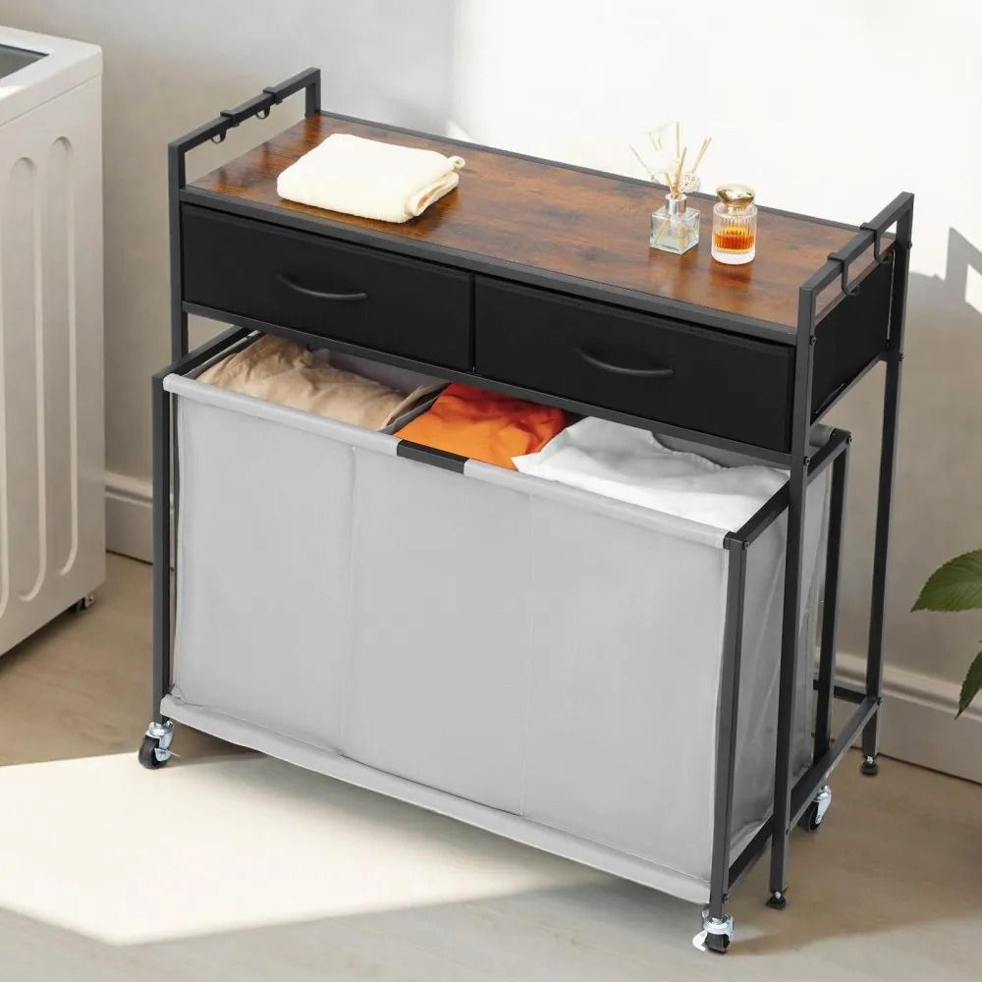 3 Section Laundry Sorter Rolling Laundry Hamper With Drawers And Storage Shelf 6