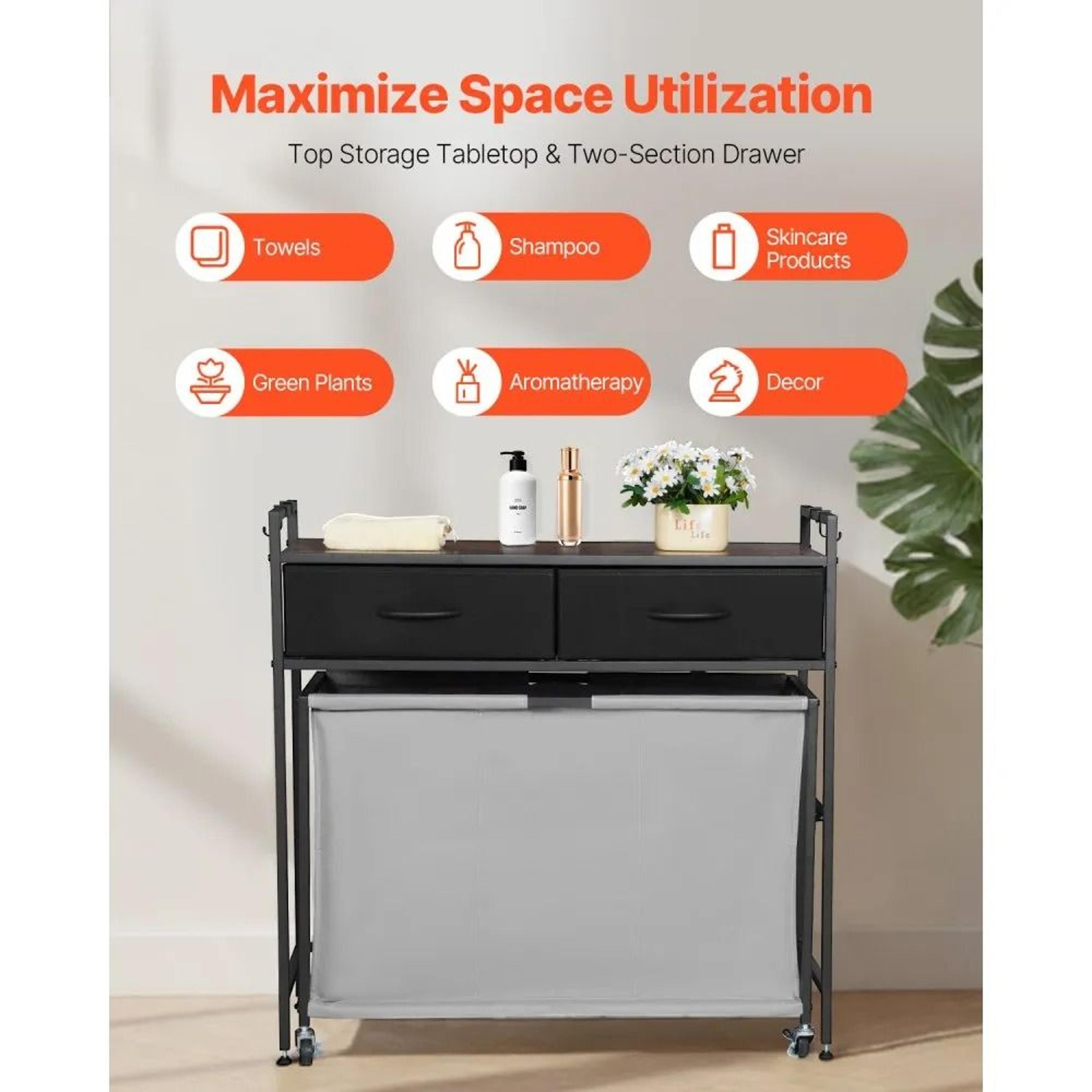 3 Section Laundry Sorter Rolling Laundry Hamper With Drawers And Storage Shelf 3