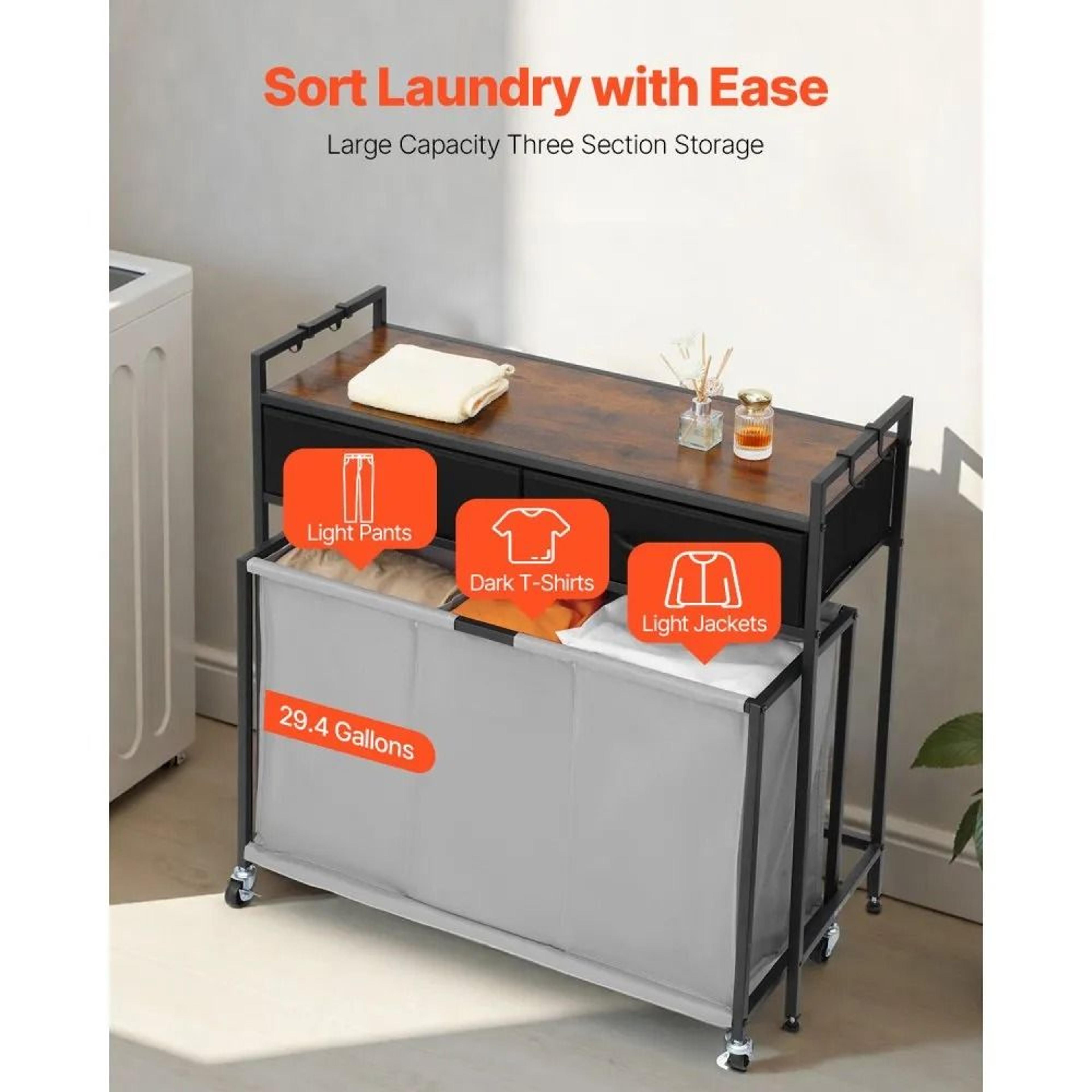3 Section Laundry Sorter Rolling Laundry Hamper With Drawers And Storage Shelf 1