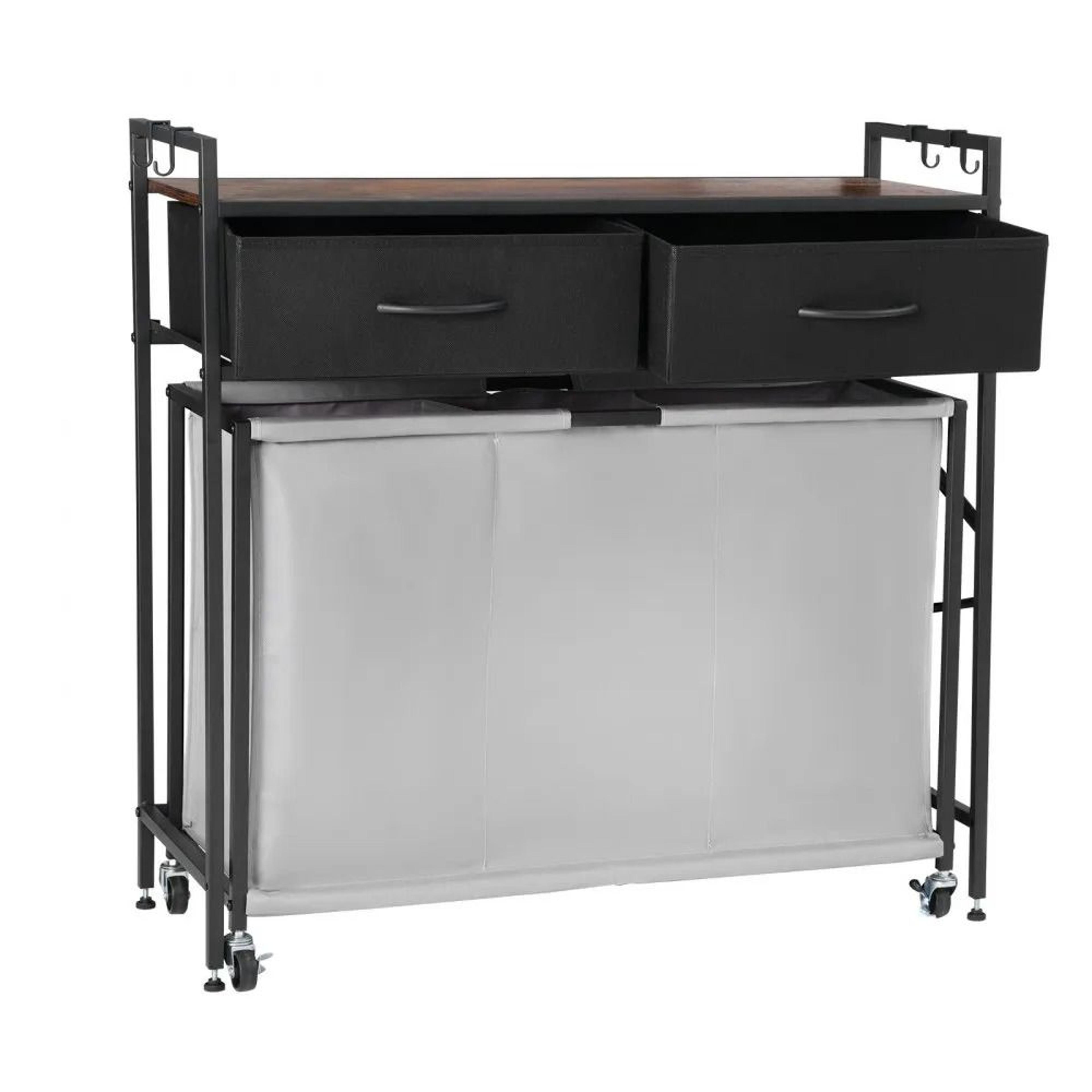 3 section laundry sorter rolling laundry hamper with drawers and storage shelf