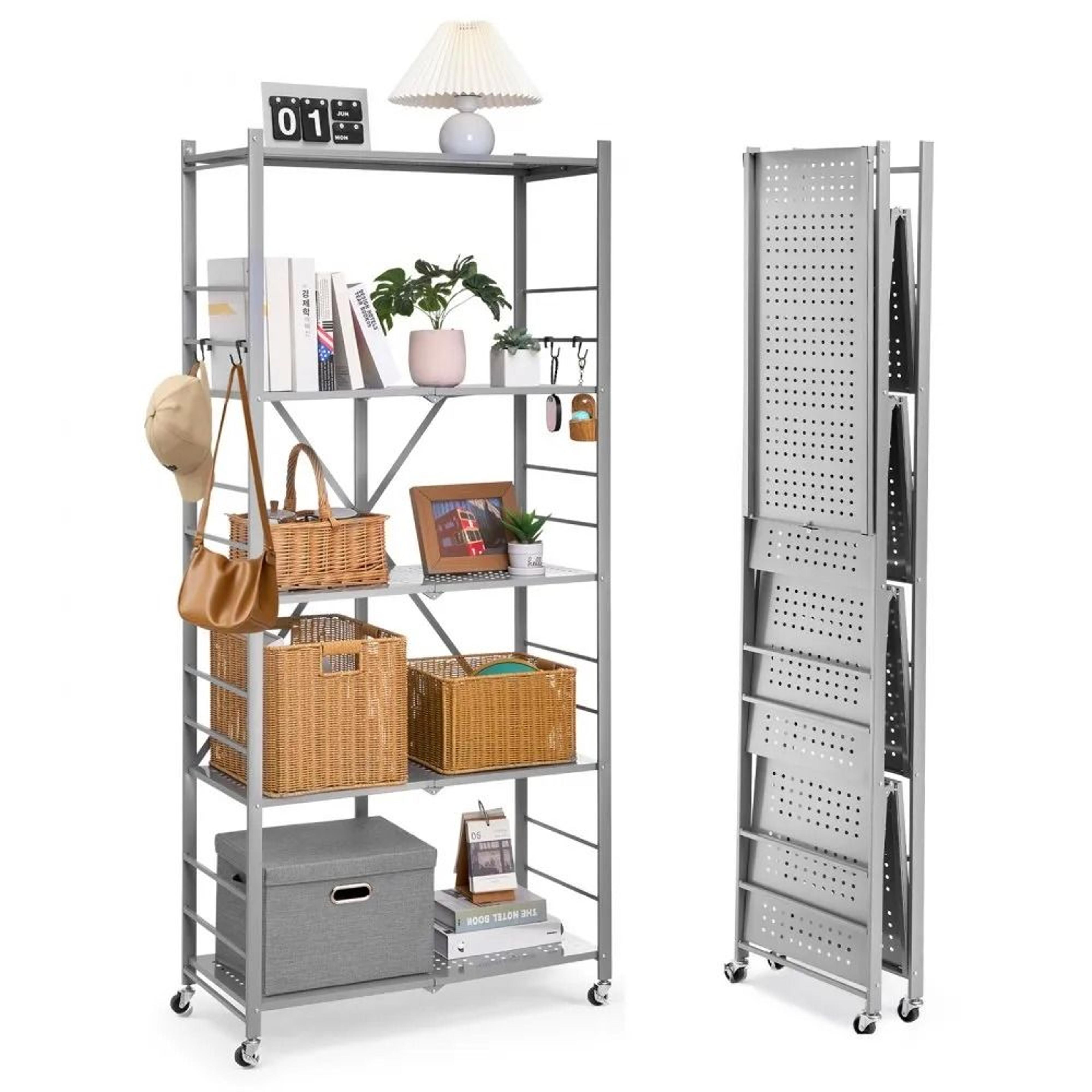 5 tier folding storage shelf with wheels portable metal shelving unit
