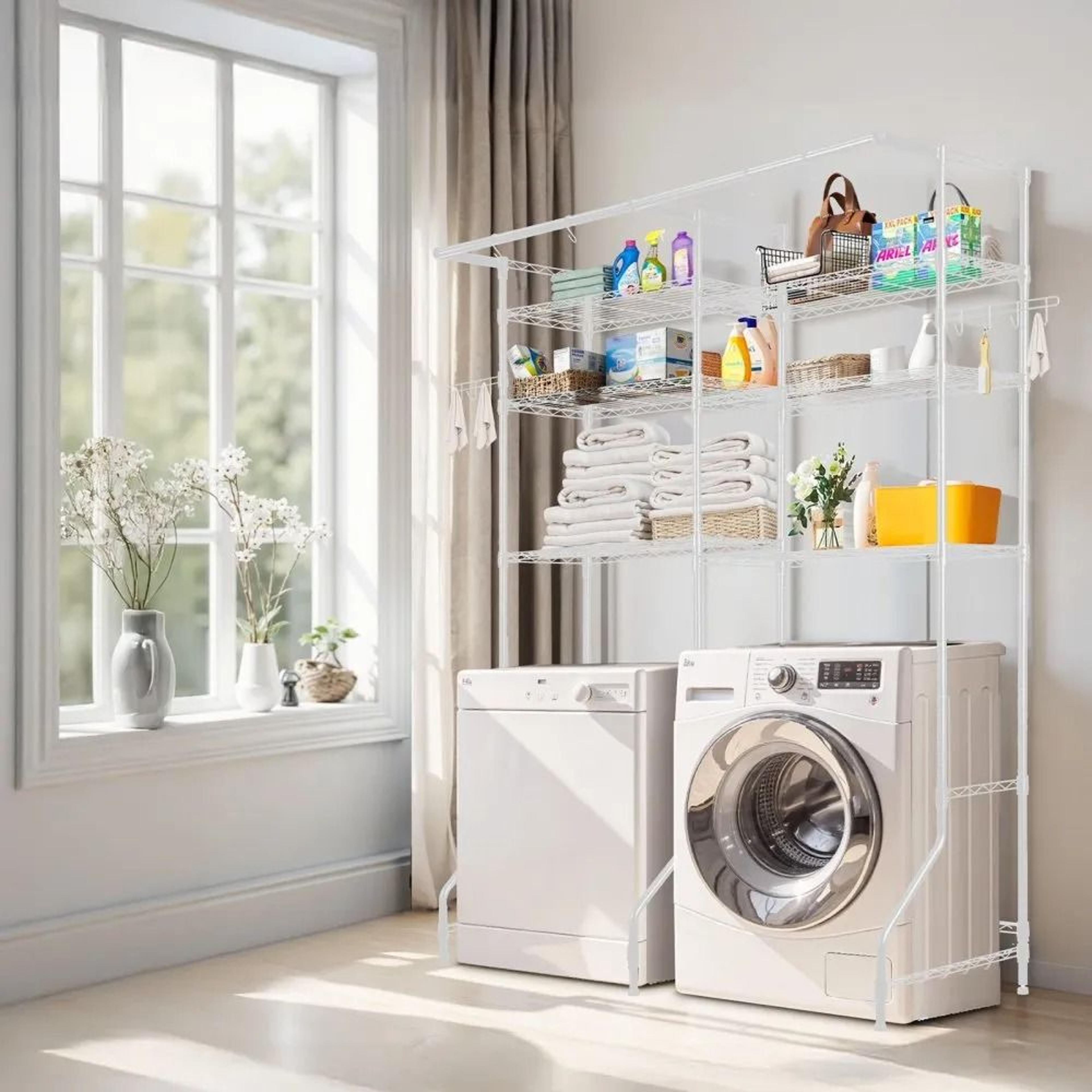 Over Washer And Dryer Storage Shelf 6 Tier Laundry Room Organizer With Hanging Rod 5