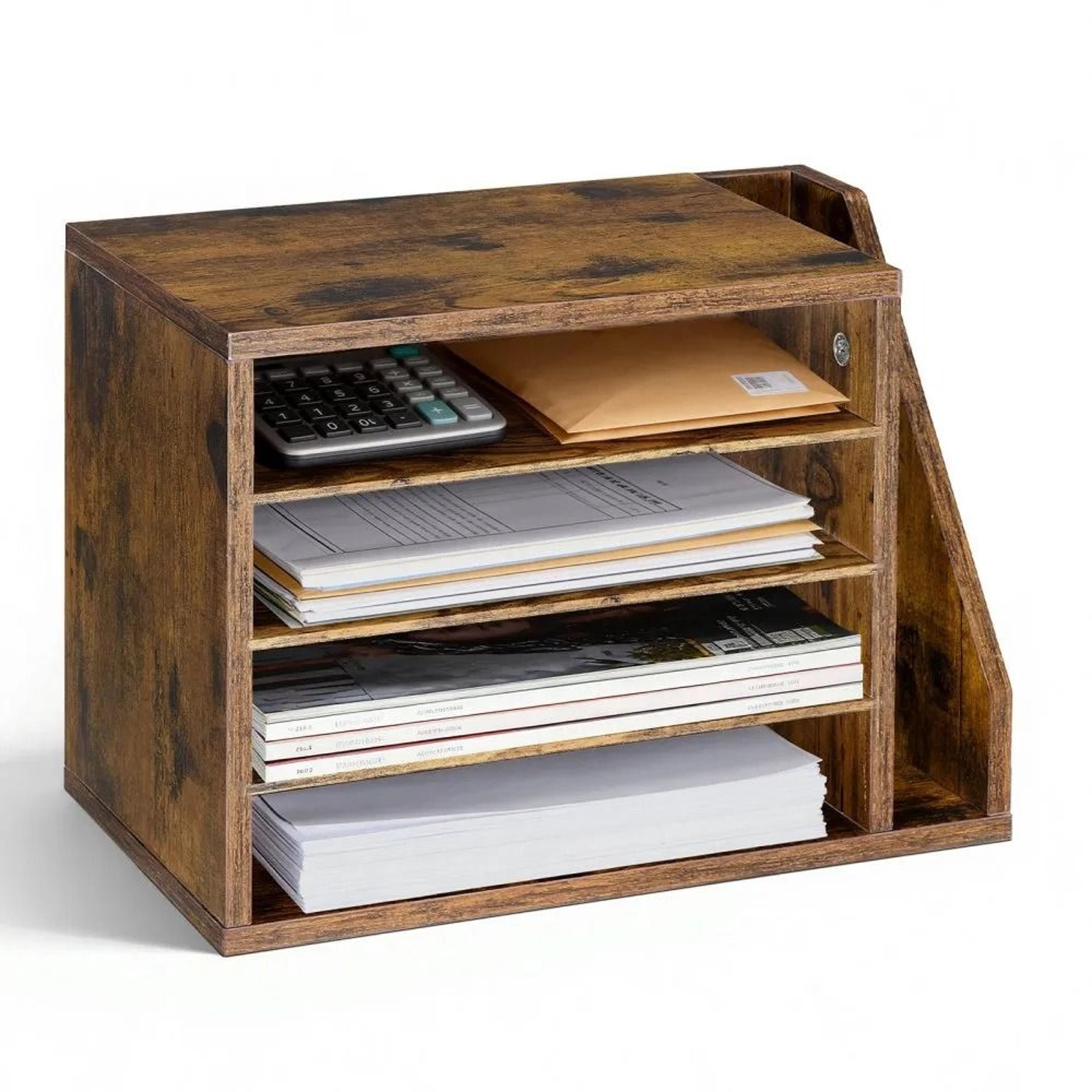 4 compartment literature organizer wooden file sorter with side storage