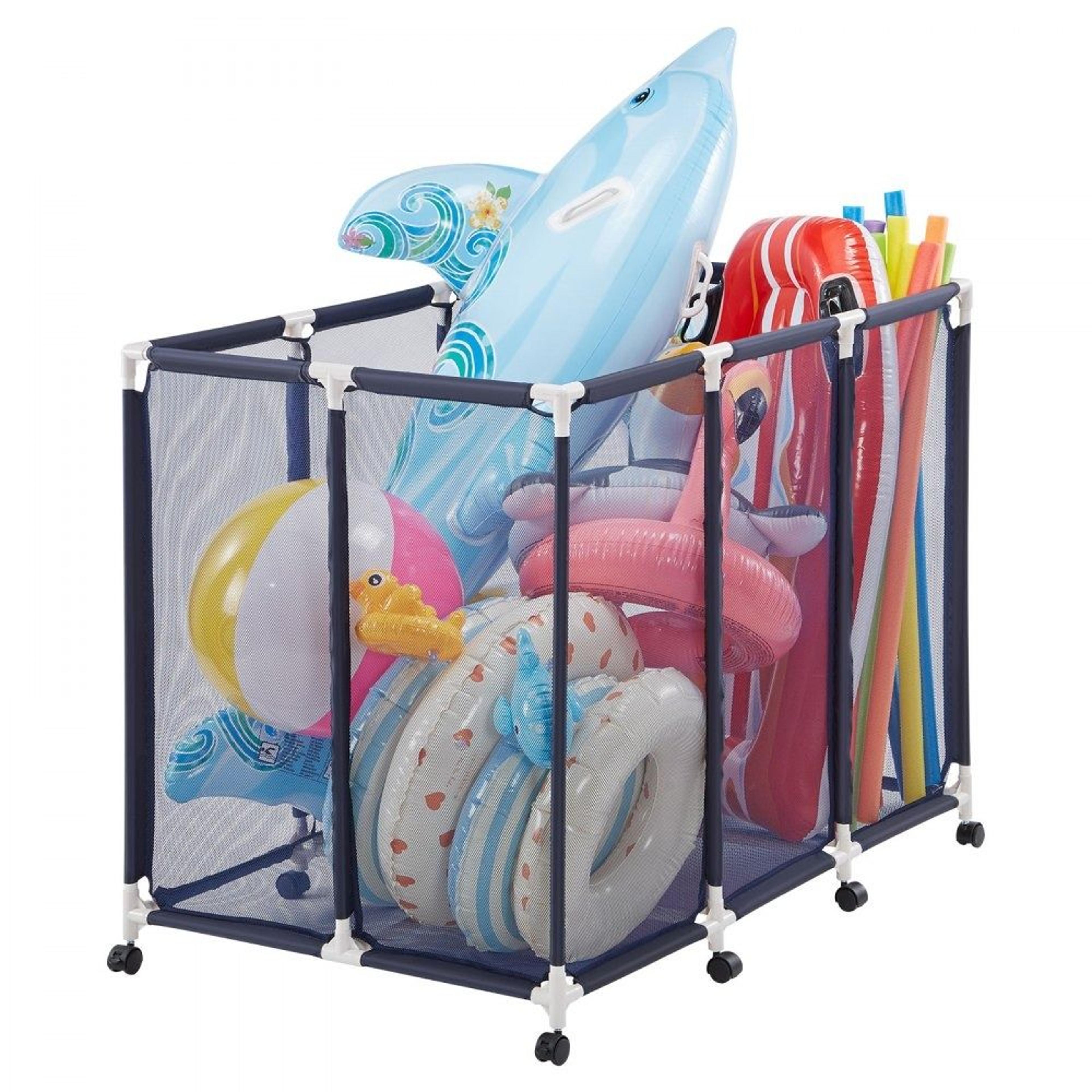 rolling pool float storage organizer with mesh basket and locking casters