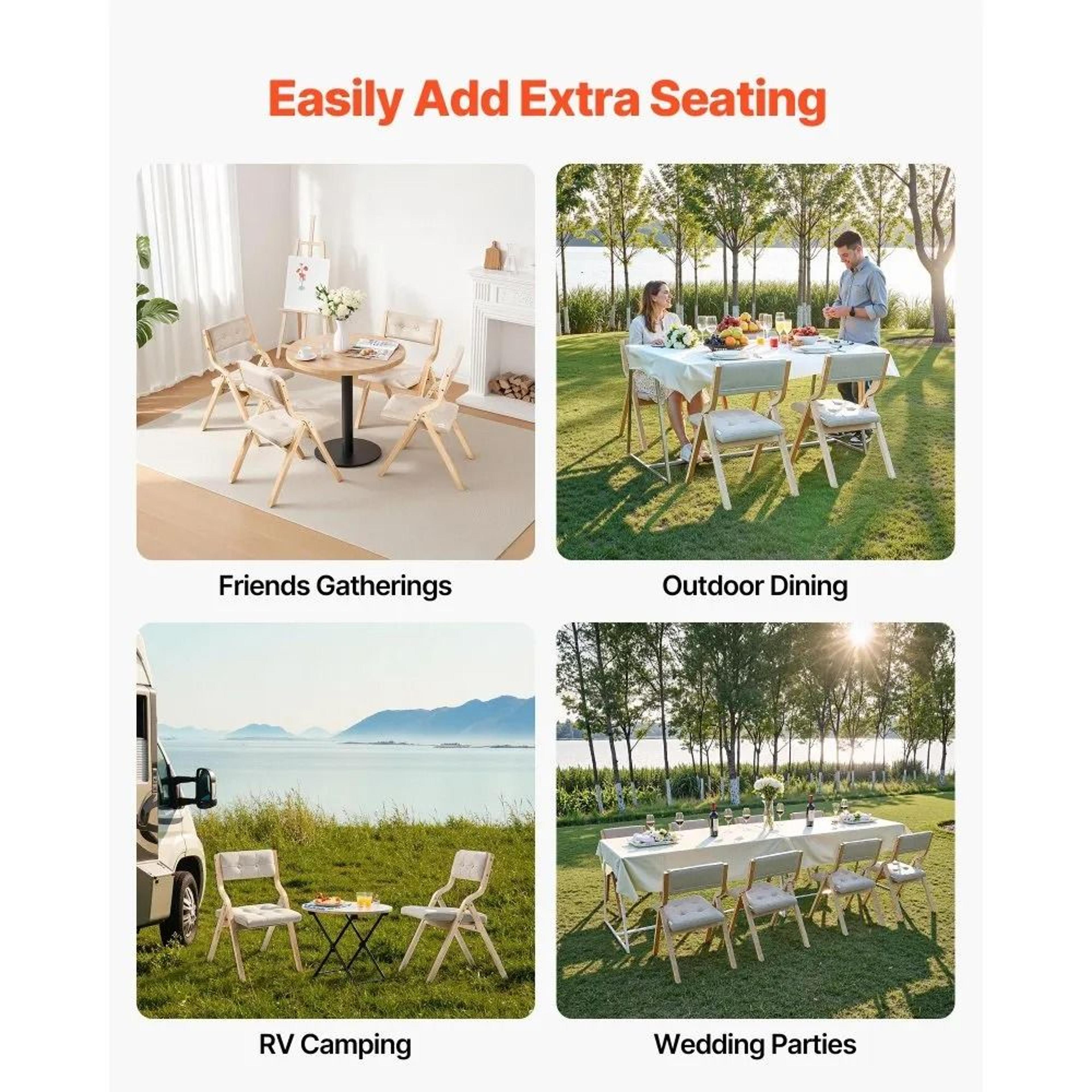 Wooden Folding Chairs Set Of 4 With Padded Cushion Comfortable Dining Seating 3