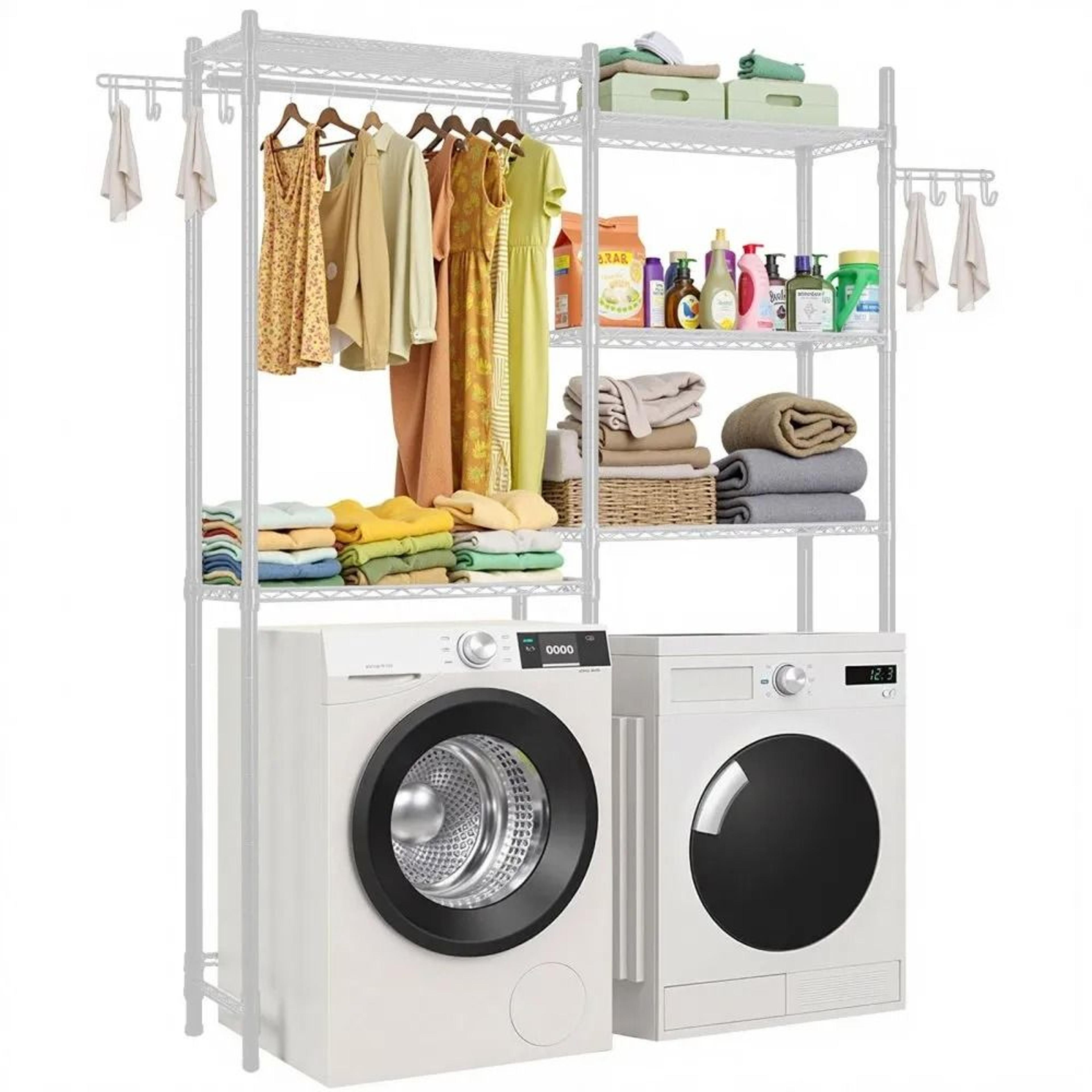 over washer and dryer storage shelf 5 tier laundry room organizer with hanging rod