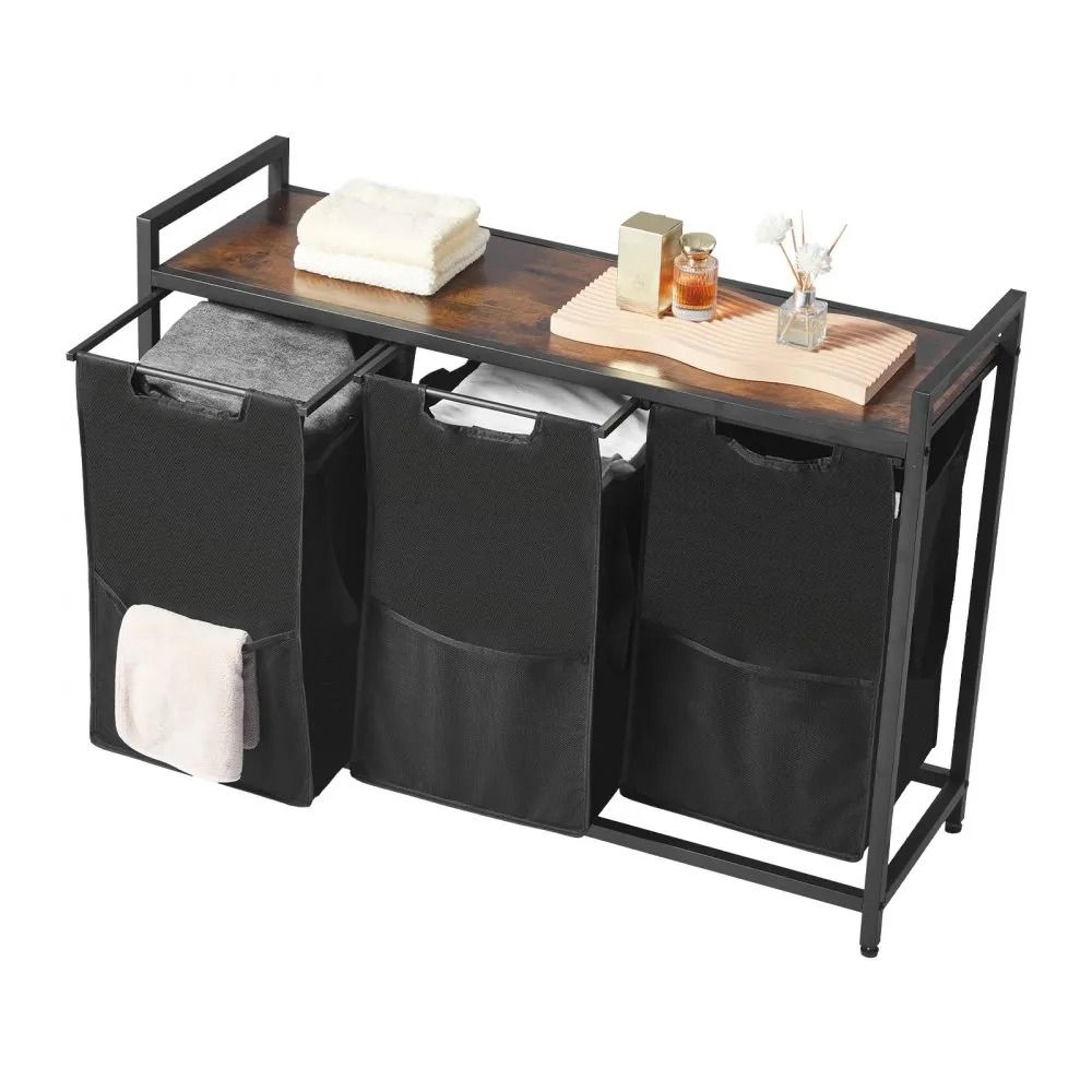3 section laundry sorter with pull out bags and wooden storage top