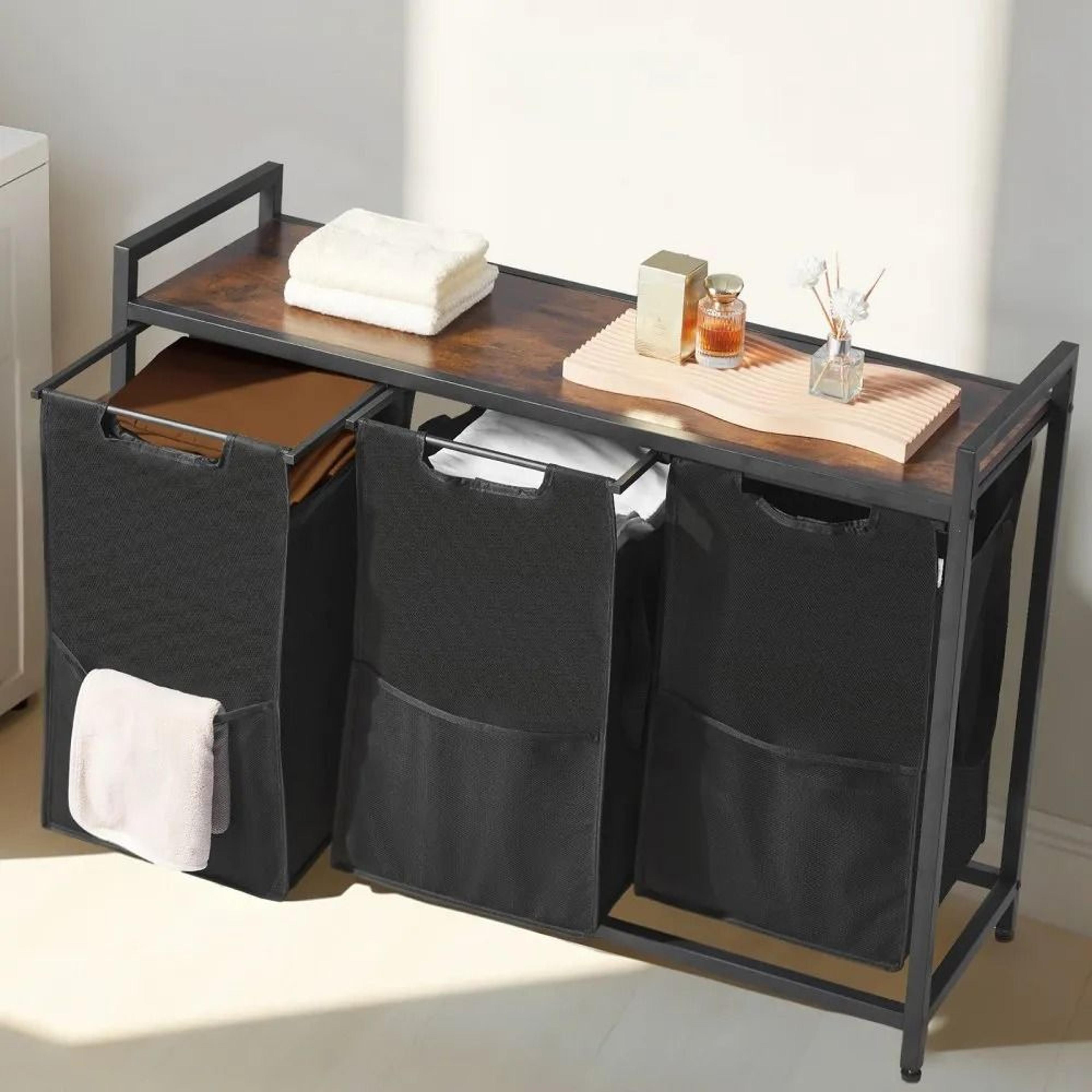 3 Section Laundry Sorter With Pull Out Bags And Wooden Storage Top 6