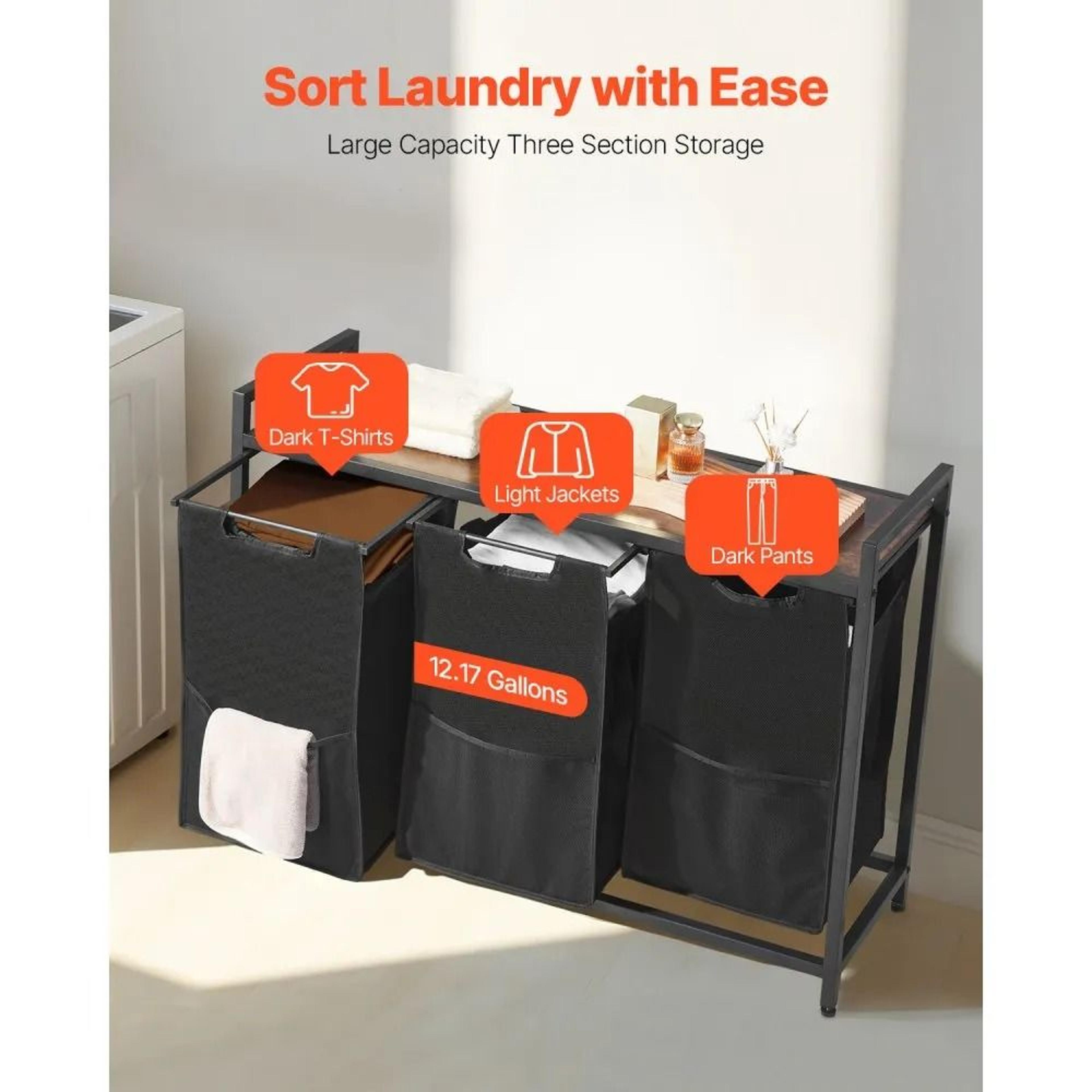 3 Section Laundry Sorter With Pull Out Bags And Wooden Storage Top 1