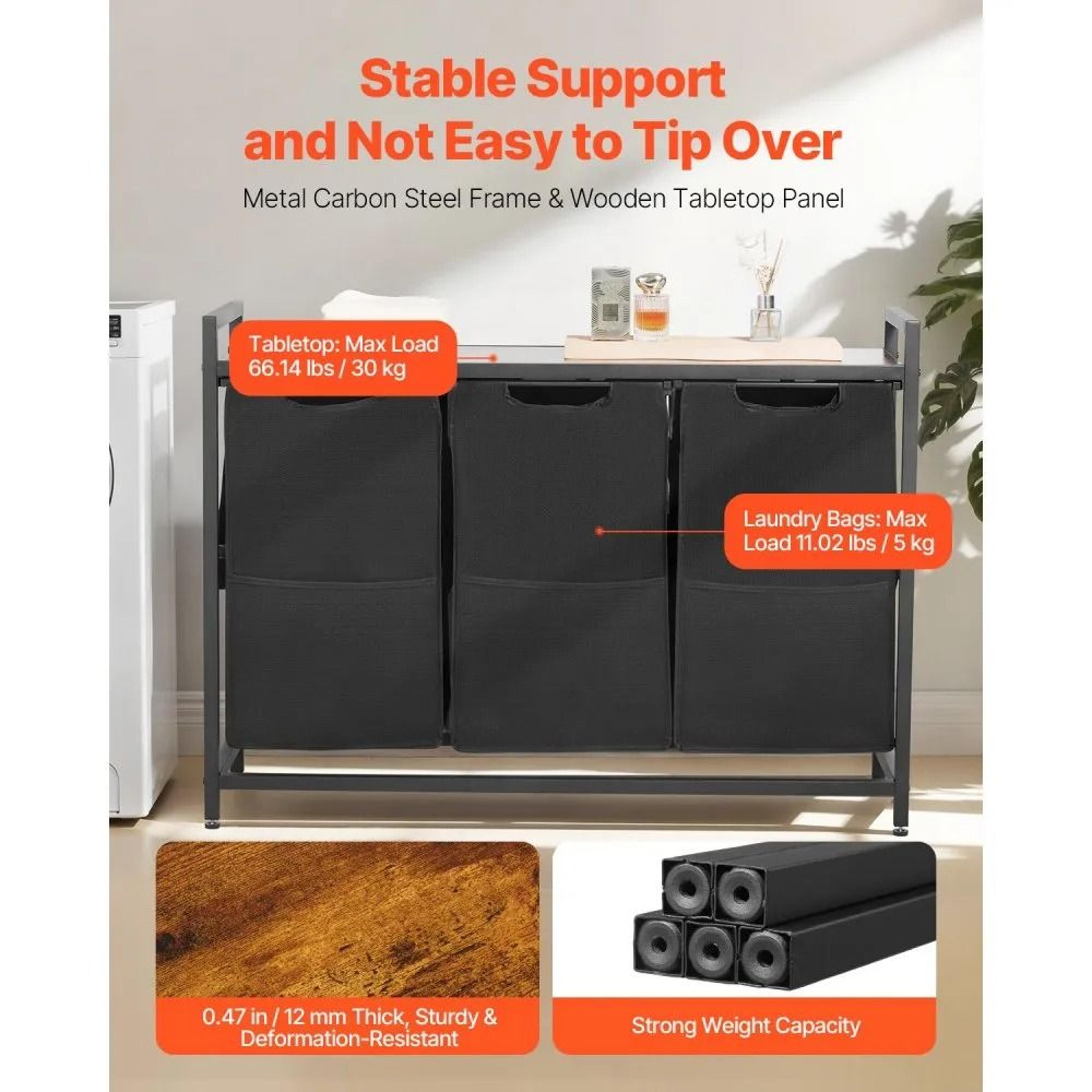 3 Section Laundry Sorter With Pull Out Bags And Wooden Storage Top 2