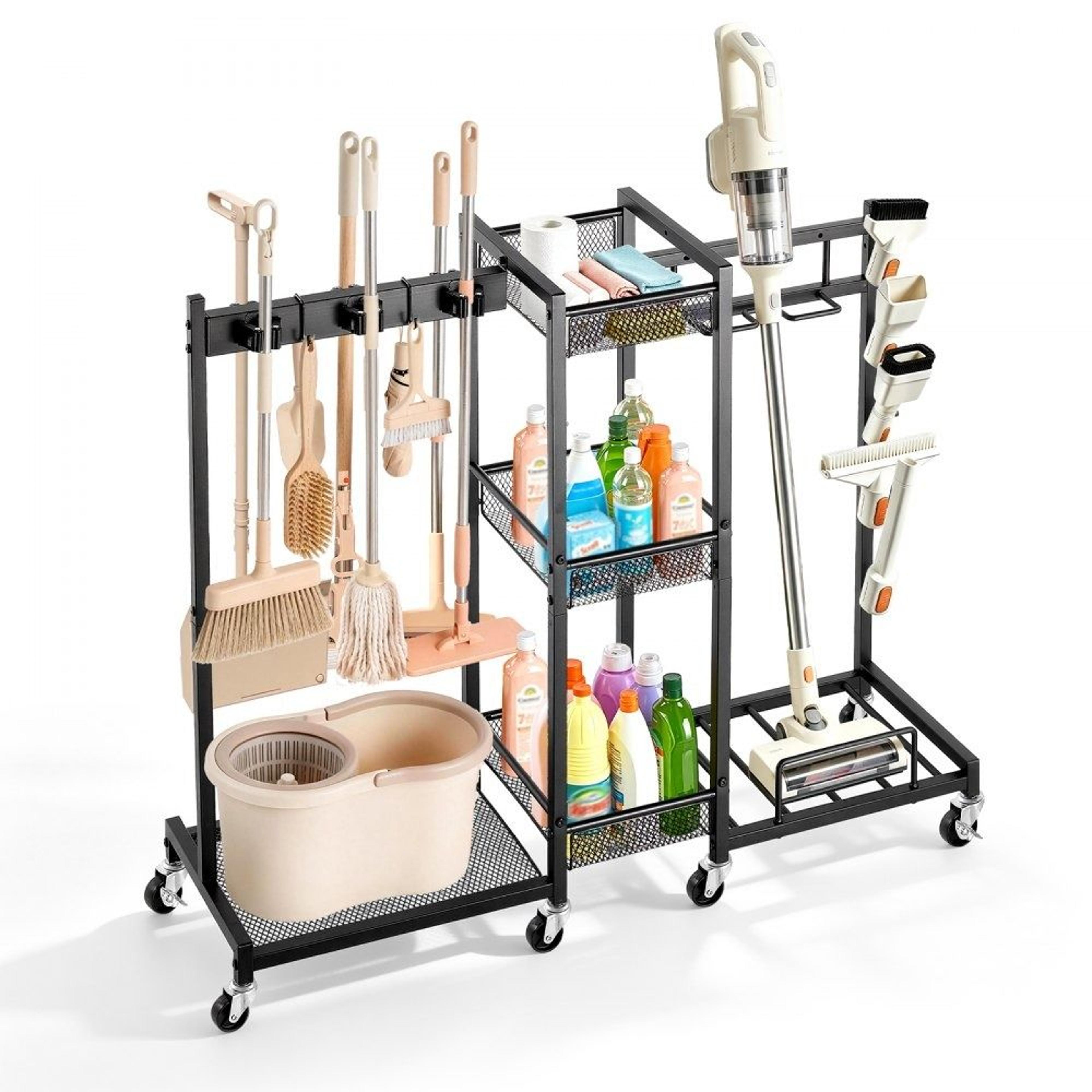 heavy duty broom holder cleaning cart with mop hanger and storage organizer