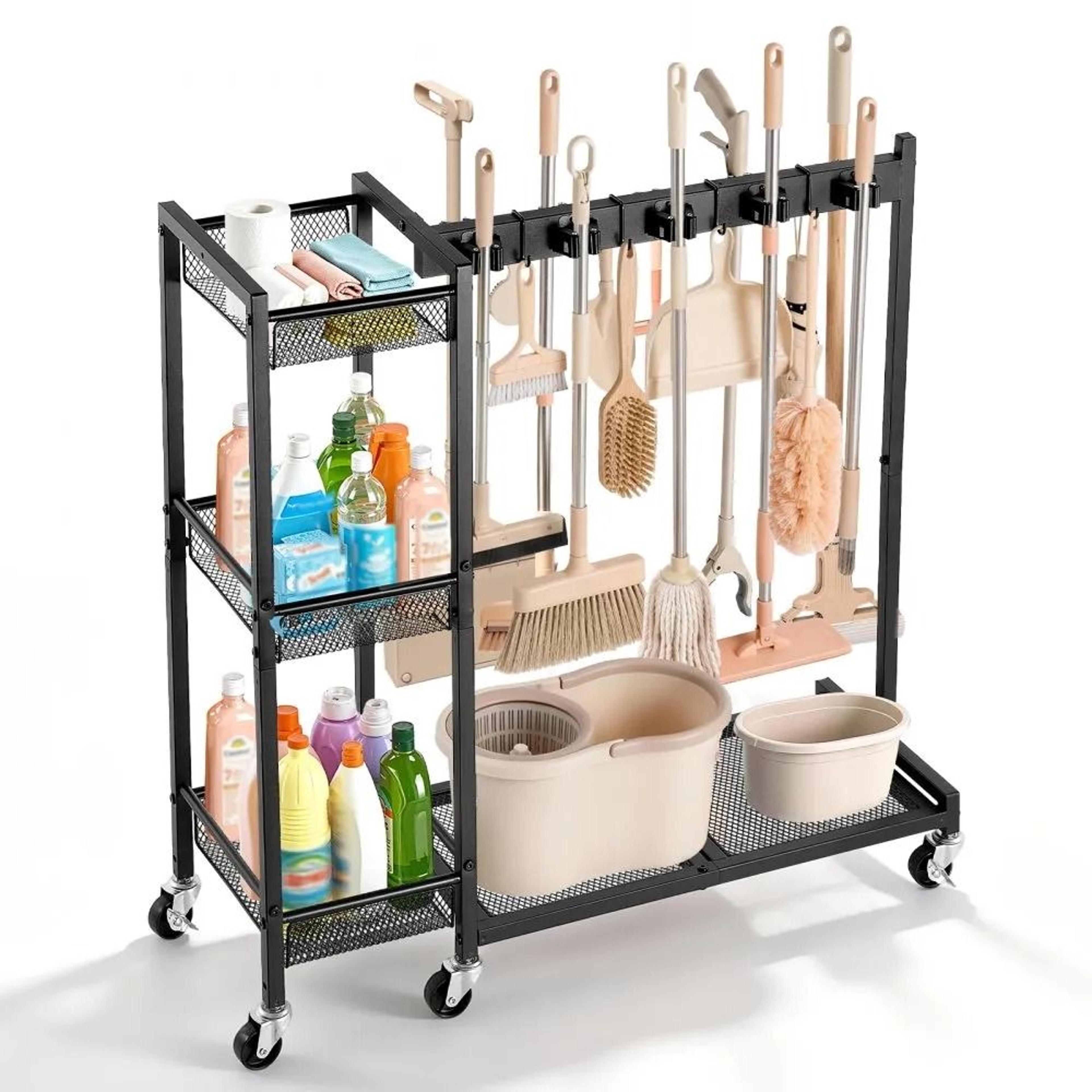 heavy duty broom holder cleaning cart with mop organizer and wheels