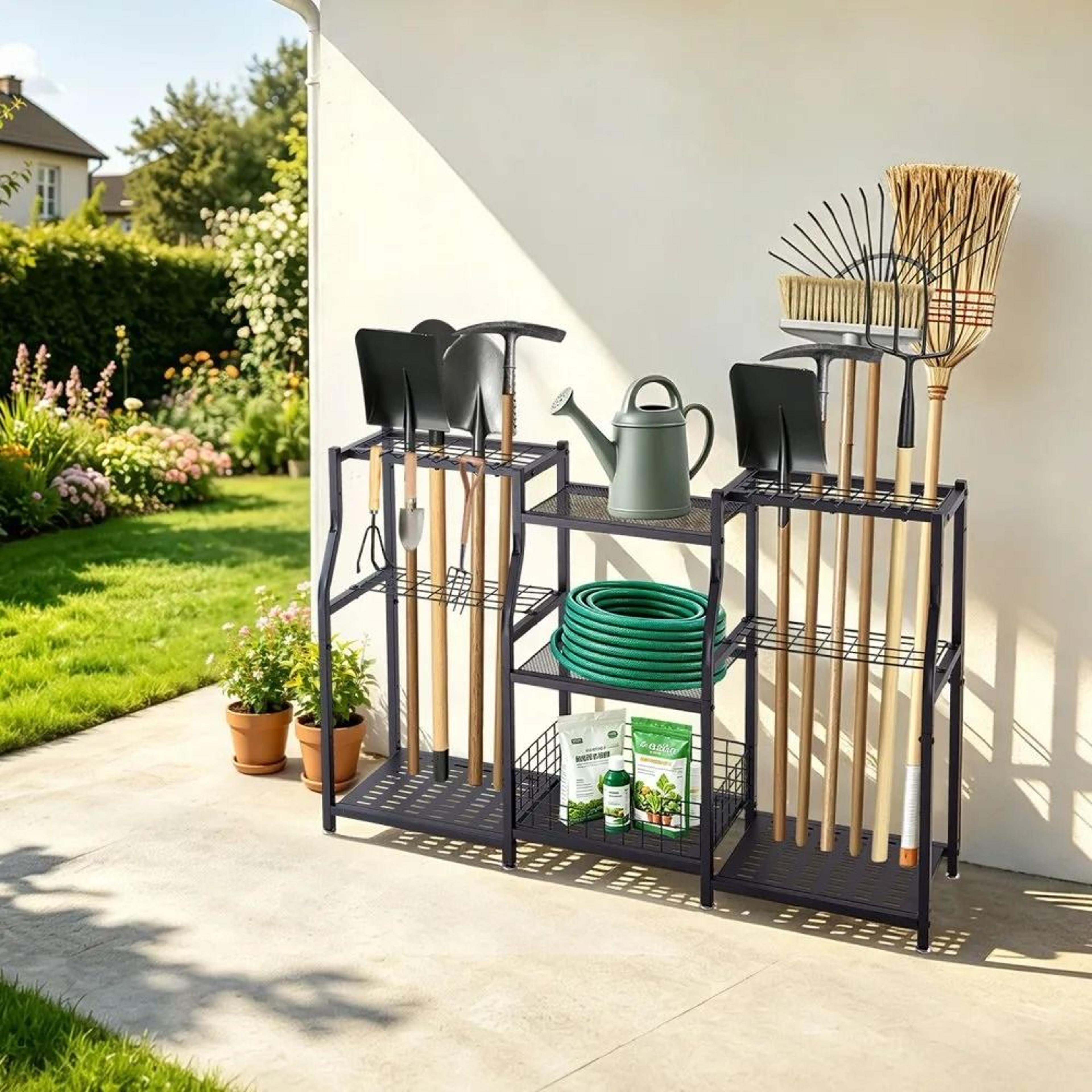 Garden Tool Organizer 3 Tier Heavy Duty Garage Storage Rack With Hooks 4