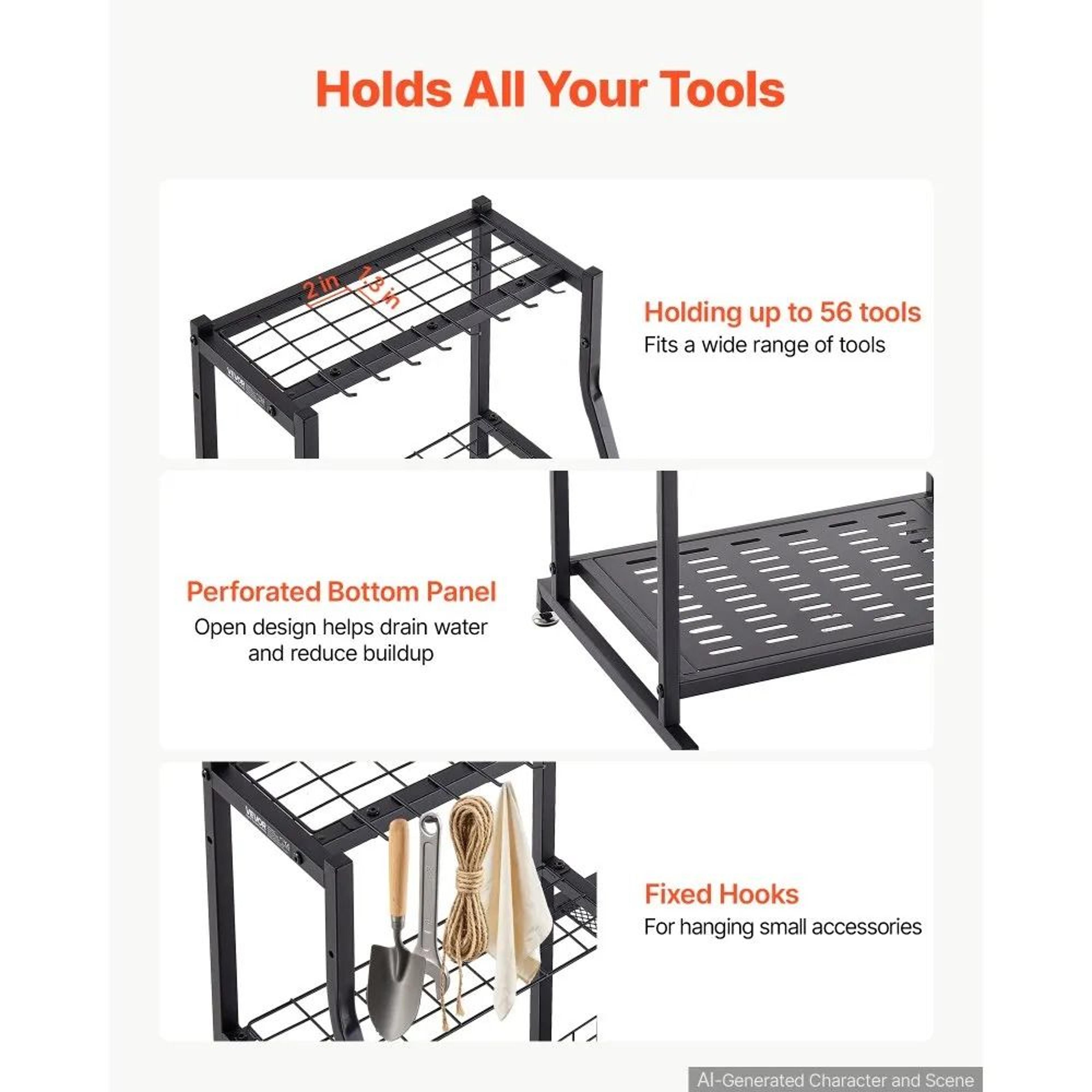 Garden Tool Organizer 3 Tier Heavy Duty Garage Storage Rack With Hooks 5