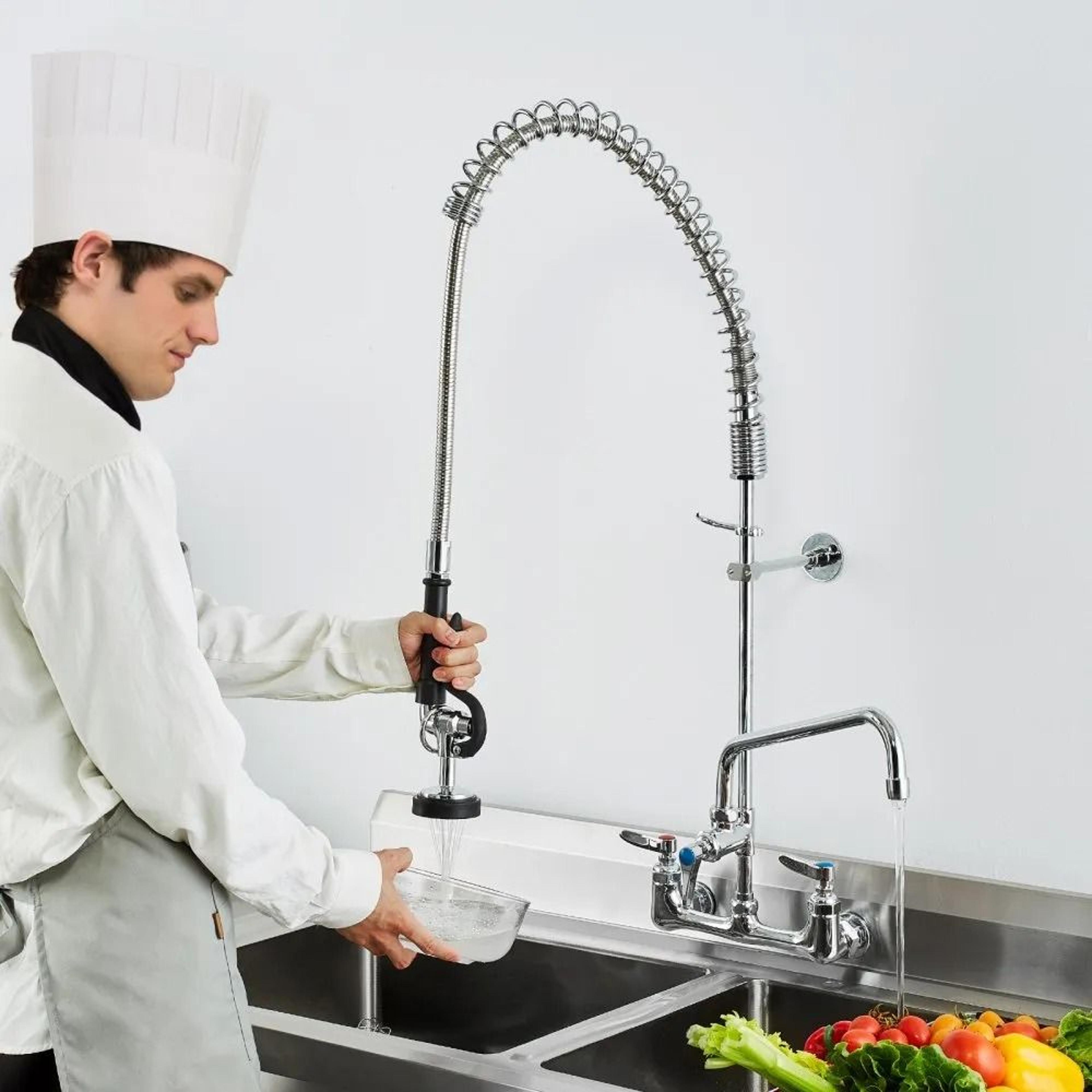 Wall Mounted Brass Commercial Kitchen Faucet With Pull Down Sprayer 6