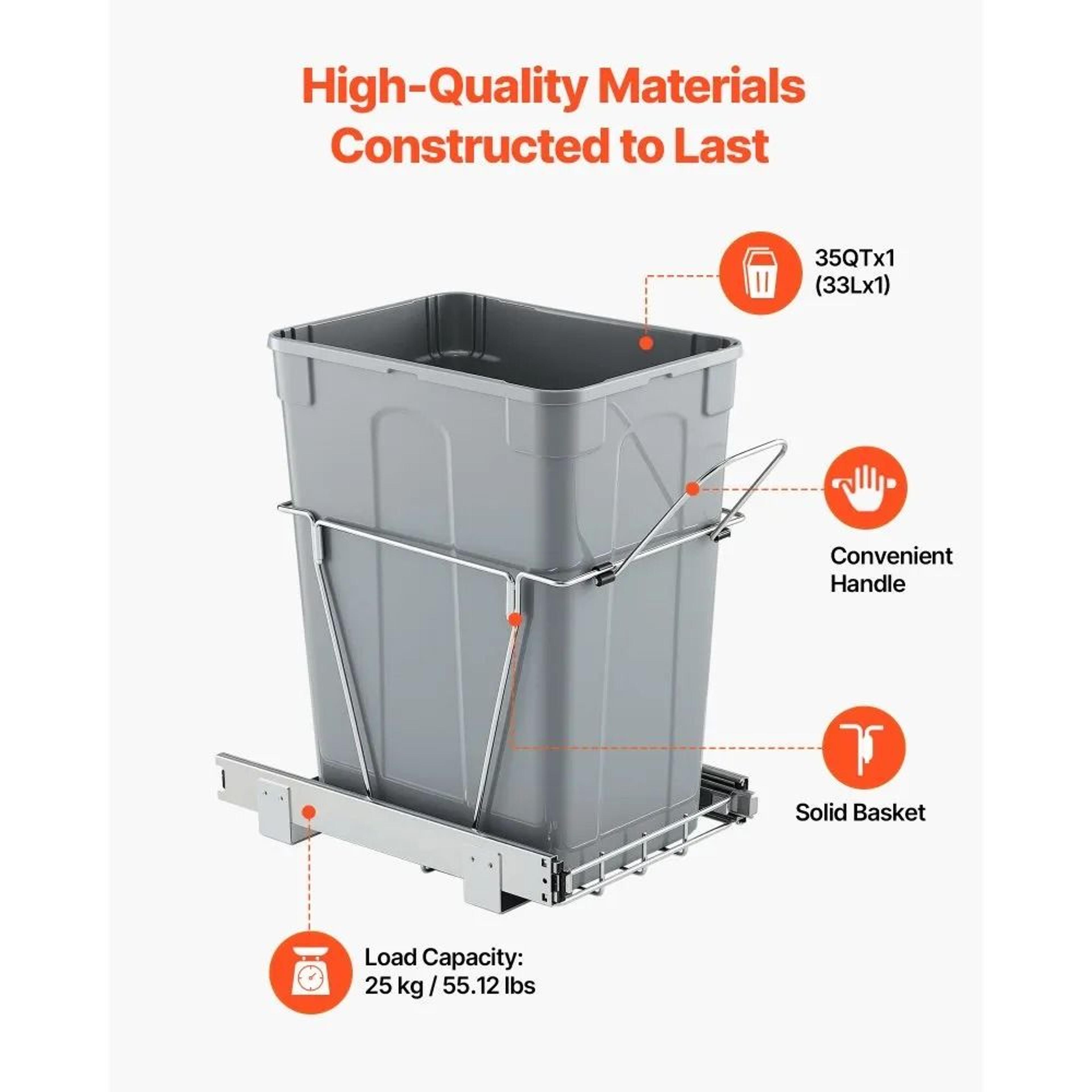 35QT Pull Out Trash Can For Kitchen Cabinets With Sliding Waste Bin System 5