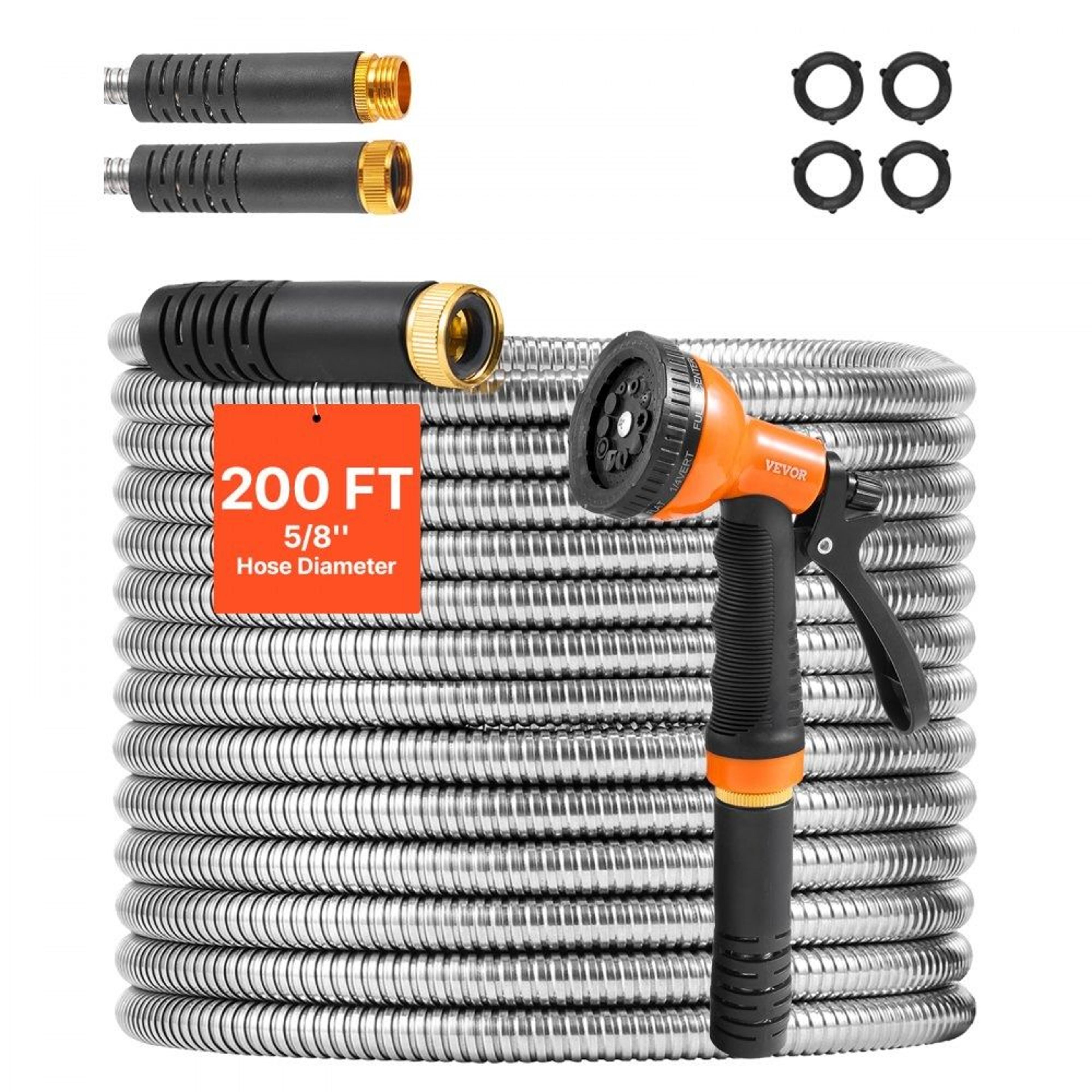 200 ft stainless steel metal garden hose with 10 function nozzle lightweight no kink water hose