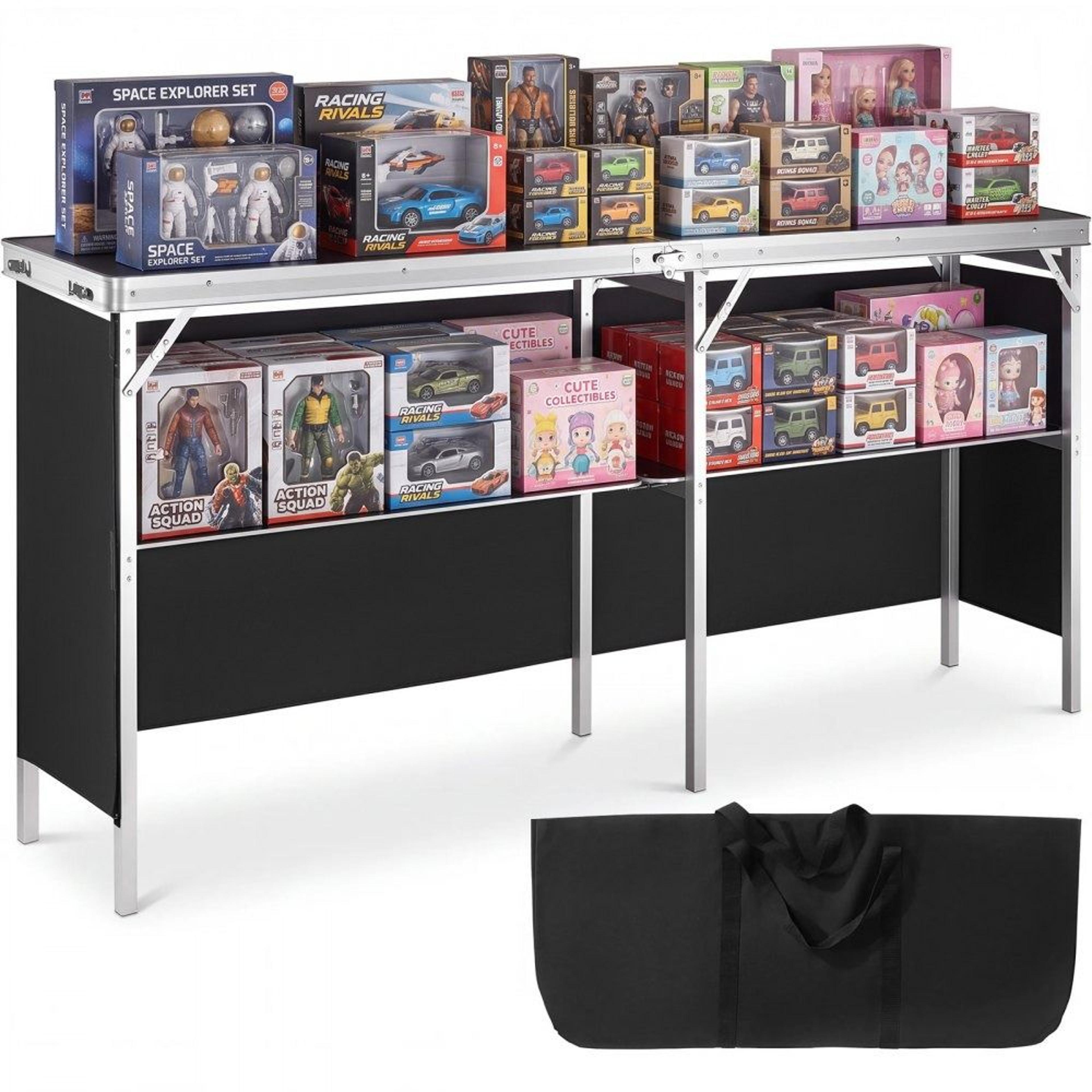 extra long portable trade show table with storage shelf and carrying bag