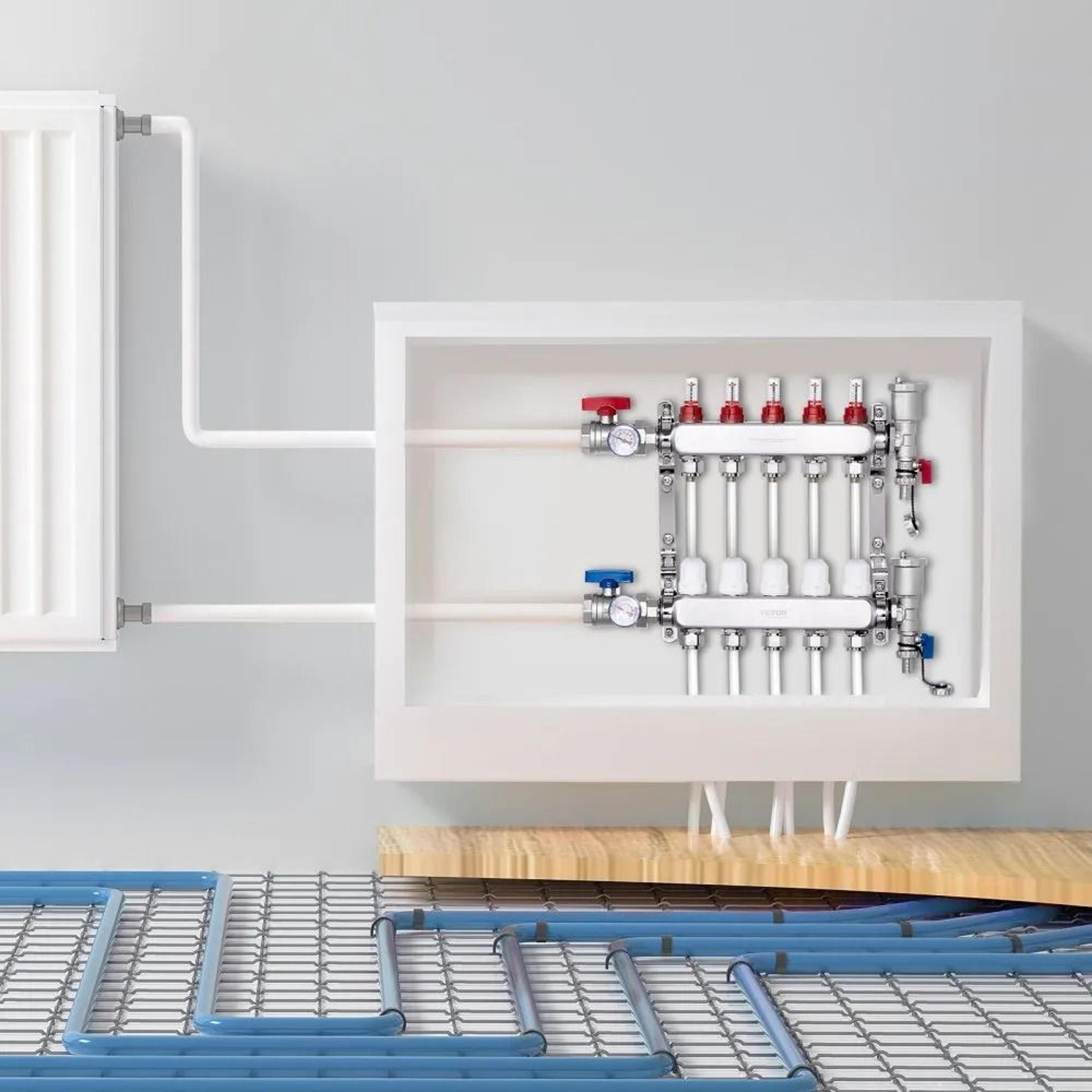 5 Branch Radiant Heat Manifold Stainless Steel PEX Floor Heating Kit 6